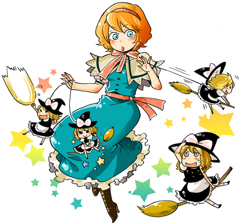 mashuu masaki, alice margatroid, kirisame marisa, touhou, lowres, 2girls, character doll, chibi, doll, dress, female focus, hat, multiple girls, skirt, solo, white background