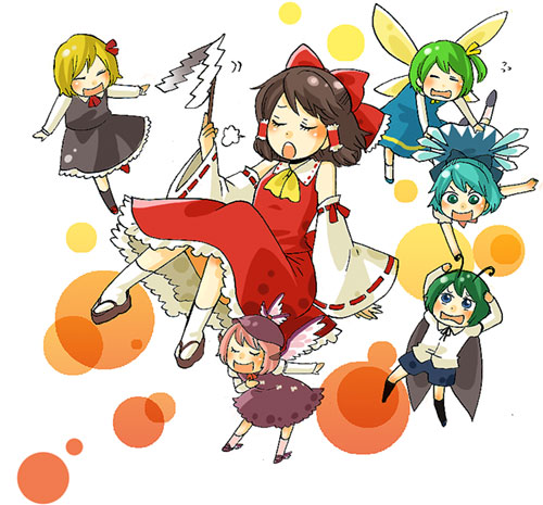 mashuu masaki, cirno, daiyousei, hakurei reimu, mystia lorelei, rumia, wriggle nightbug, touhou, lowres, 6+girls, antennae, blonde hair, blue eyes, blush, bow, brown hair, cape, chibi, closed eyes, detached sleeves, dress, fairy wings, female focus, gohei, green hair, hair bow, ice, multiple girls, oonusa, open mouth, pink hair, red eyes, side ponytail, team 9 (touhou), wings