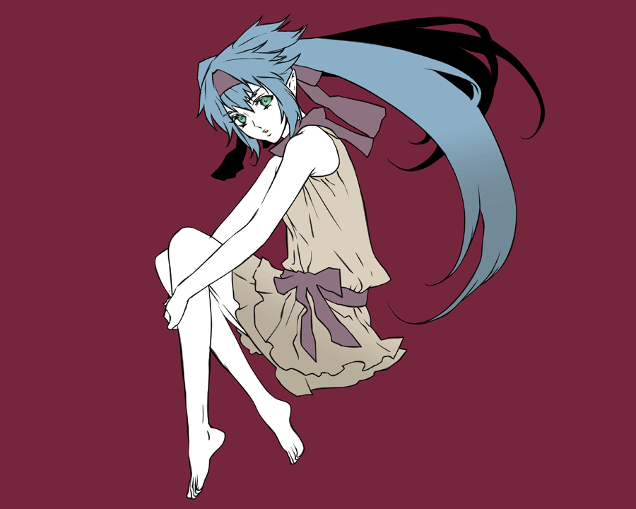 npn, macross, macross frontier, bad id, bad pixiv id, 00s, barefoot, blue hair, dress, feet, green eyes, headband, long hair, pointy ears, twintails