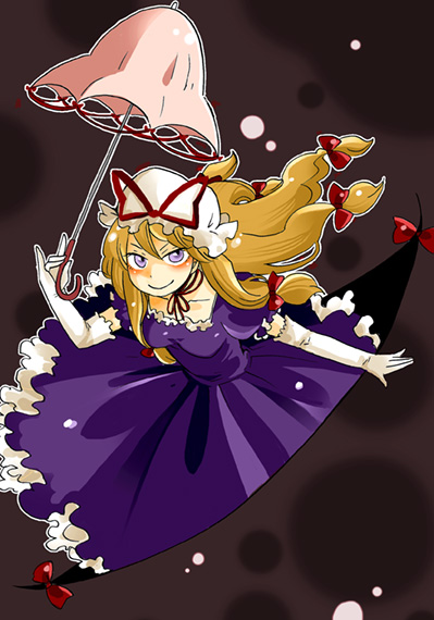 mashuu masaki, yakumo yukari, touhou, 1girl, dress, female focus, gap (touhou), gradient background, hat, parasol, solo, umbrella