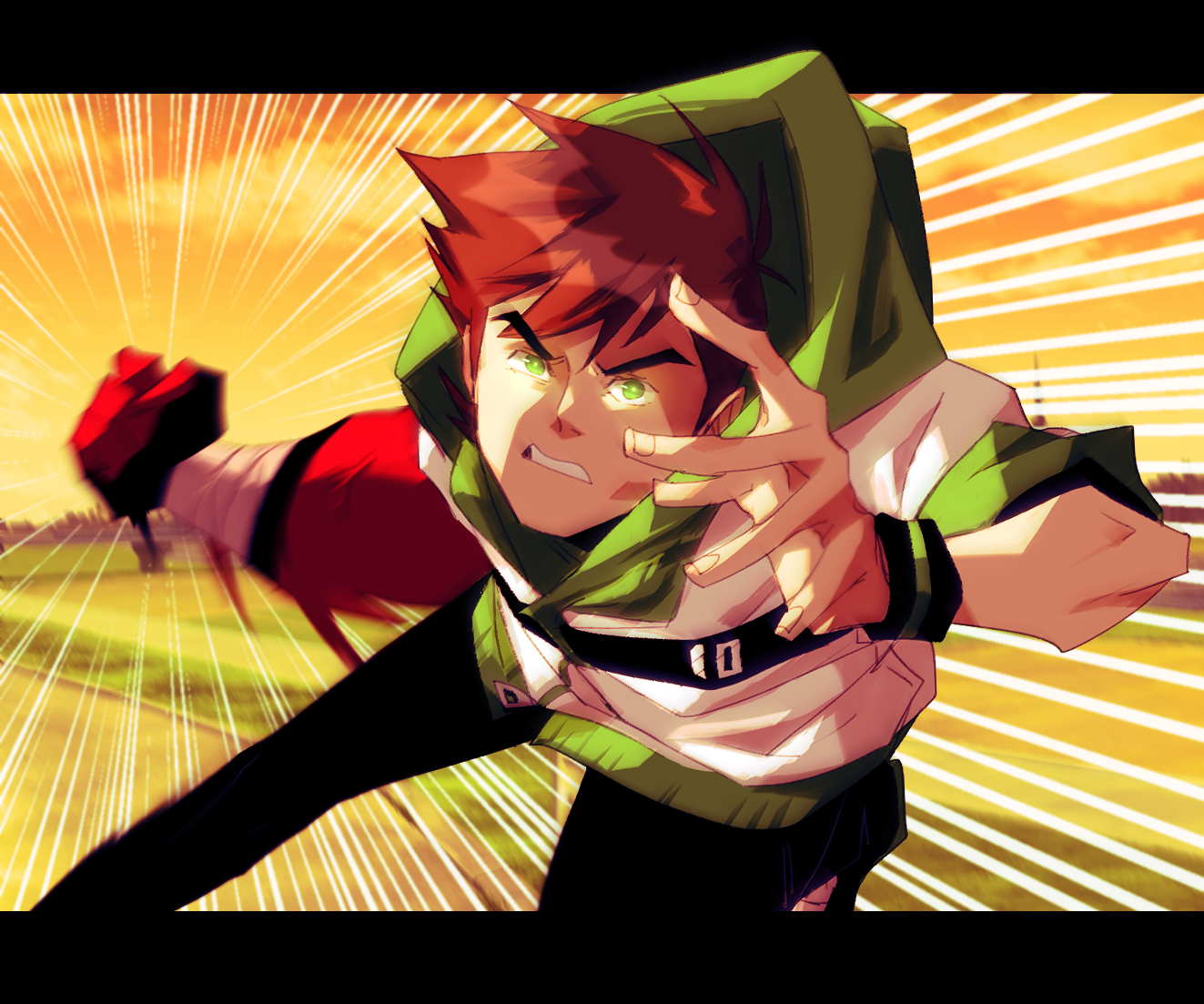 hiffuu, ben tennyson, four arms (ben 10), ben 10, 1boy, brown hair, clenched teeth, green eyes, incoming attack, incoming punch, male focus, motion lines, partial transformation, punching, short hair, solo, teeth