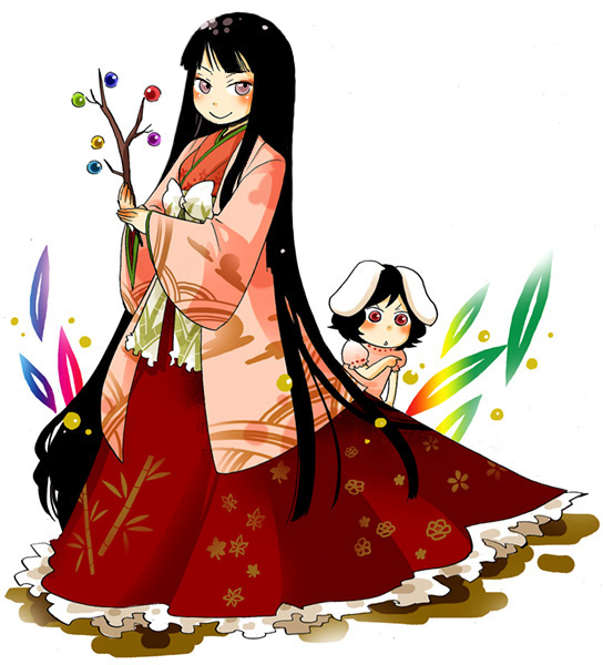 mashuu masaki, houraisan kaguya, inaba tewi, touhou, 2girls, animal ears, blouse, bow, bowtie, branch, female focus, holding, jeweled branch of hourai, long sleeves, looking at viewer, multiple girls, rabbit ears, red eyes, red skirt, shirt, short hair, simple background, skirt, standing, white background, white bow, white bowtie