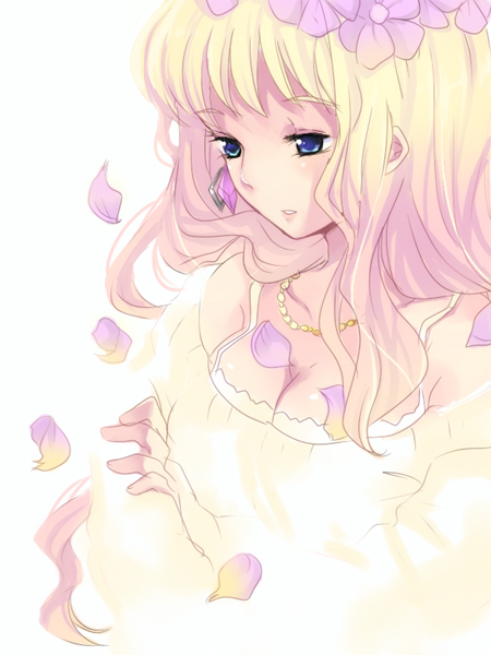 hikari no, sheryl nome, macross, macross frontier, 00s, 1girl, beads, blonde hair, blue eyes, earrings, female focus, flower, jewelry, long hair, petals, solo