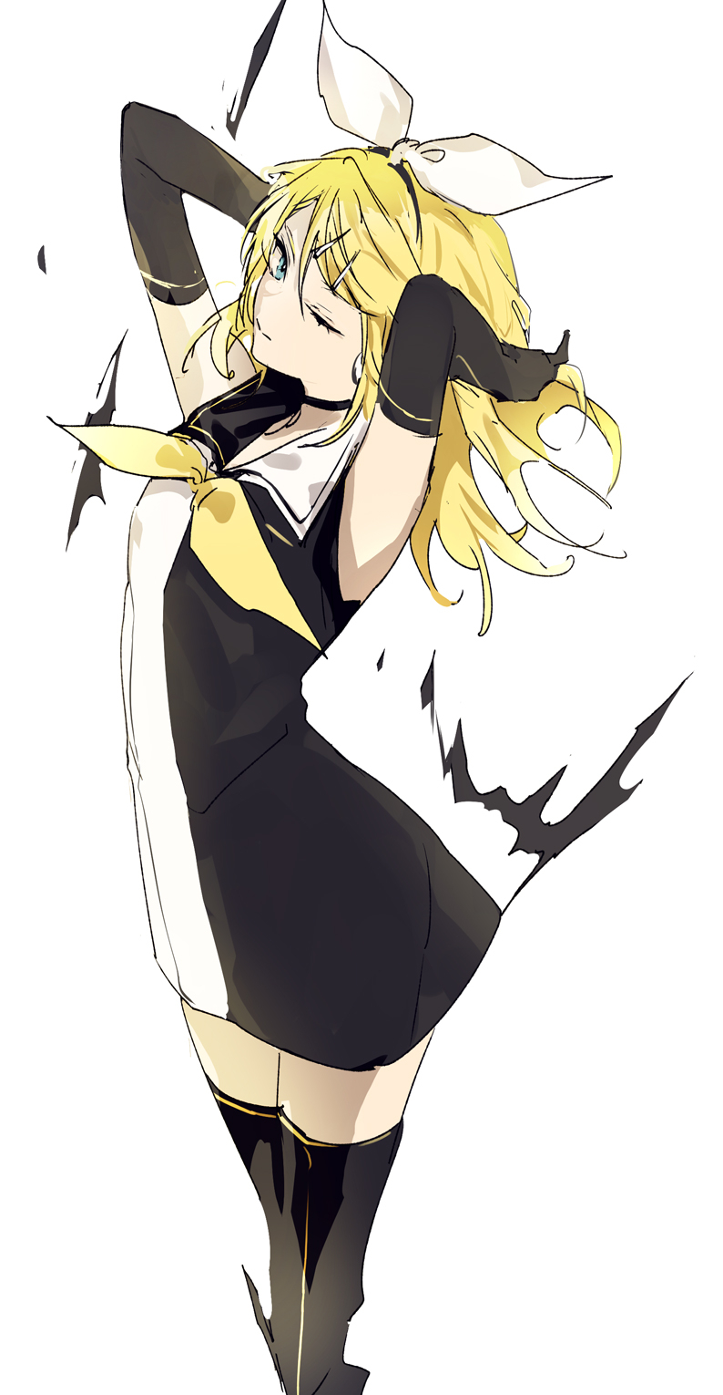 lpip, kagamine rin, roshin yuukai (vocaloid), vocaloid, commentary, highres, korean commentary, 1girl, arched back, armpits, arms up, bare shoulders, black choker, black dress, black gloves, black hairband, black sailor collar, black thighhighs, blonde hair, blue eyes, bow, bow hairband, choker, closed mouth, cowboy shot, dress, elbow gloves, gloves, hair between eyes, hair ornament, hairband, hairclip, hands in own hair, legs together, looking at viewer, medium hair, multicolored sailor collar, neckerchief, one eye closed, parallel hairclips, sailor collar, sailor dress, short dress, simple background, sleeveless, sleeveless dress, solo, split-color clothes, split mouth, standing, thighhighs, two-tone dress, two-tone sailor collar, white background, white bow, white dress, white sailor collar, yellow neckerchief, zettai ryouiki