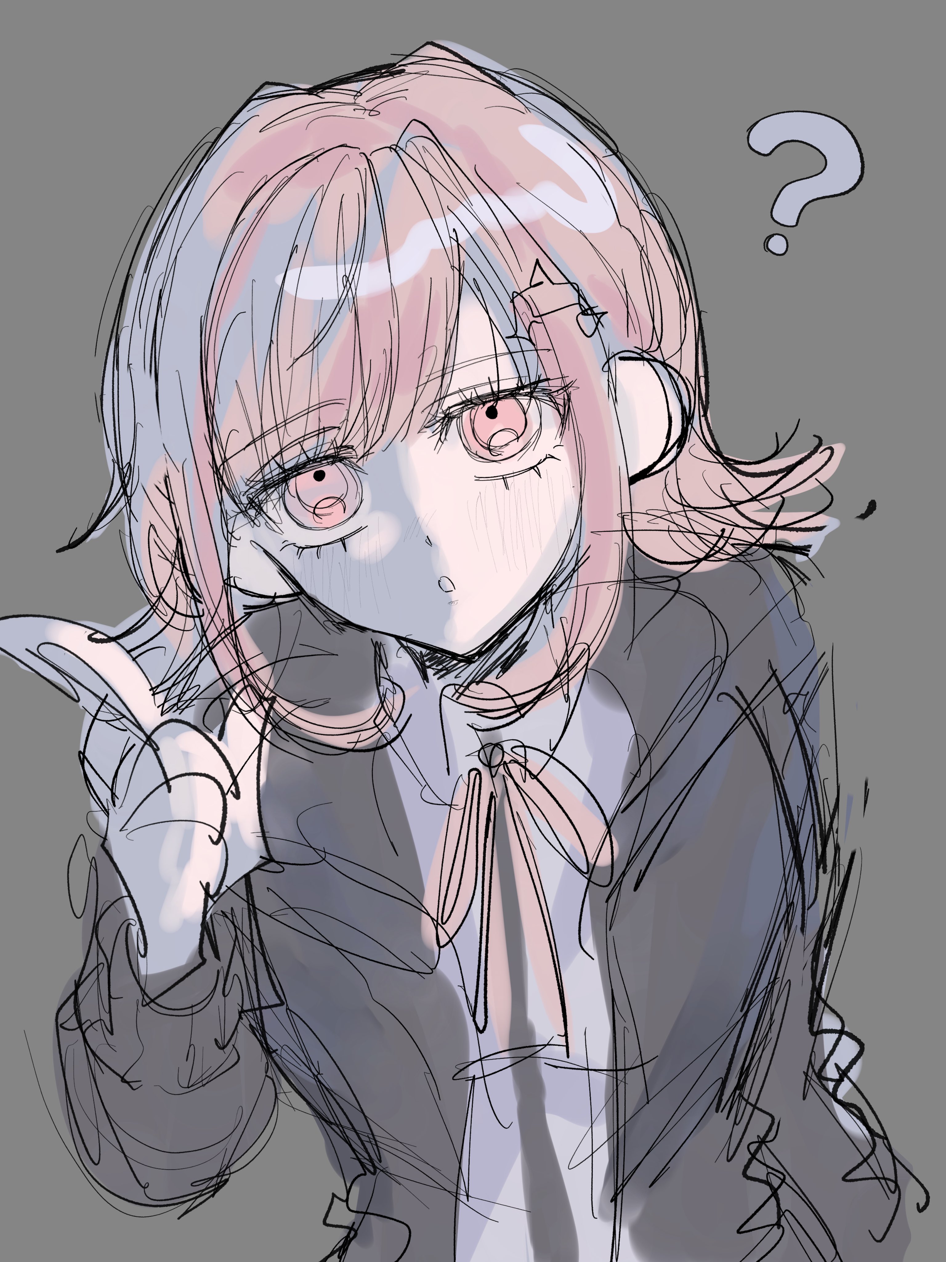 nanami chiaki, danganronpa (series), danganronpa 2: goodbye despair, absurdres, highres, 1girl, :o, ?, blush, brown hair, collared shirt, flipped hair, grey background, hair ornament, hand up, jacket, kanfuuuuuuuuuuu, long sleeves, looking at viewer, medium hair, neck ribbon, open clothes, open jacket, pink eyes, pink ribbon, ribbon, shirt, simple background, sketch, solo, two-tone shirt, upper body, white shirt