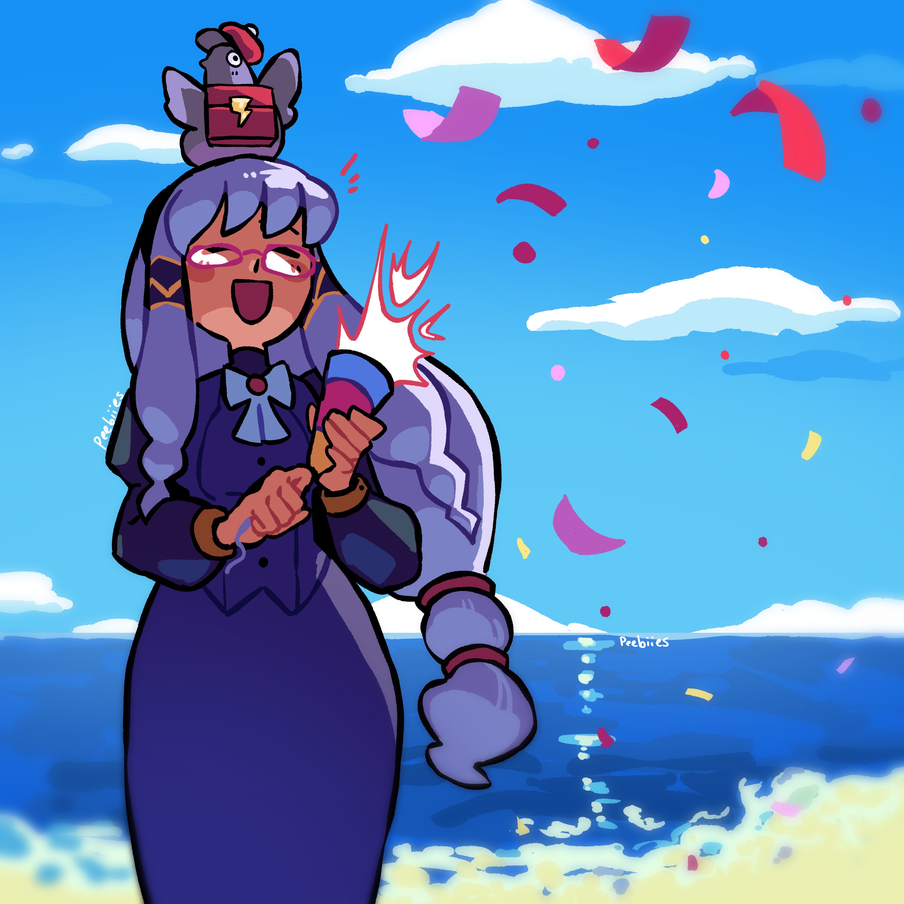 sushi ben, absurdres, commentary, english commentary, highres, 1girl, :d, ^ ^, animal, animal on head, artist name, beach, bird, bird on head, blue sky, closed eyes, confetti, cowboy shot, glasses, holding, holding party popper, kagoshima botan, long hair, low-tied long hair, ocean, on head, open mouth, party popper, peebiies, pencil skirt, pot-chan, purple hair, purple skirt, purple vest, red-framed eyewear, release celebration, sand, skirt, sky, smile, solo, vest