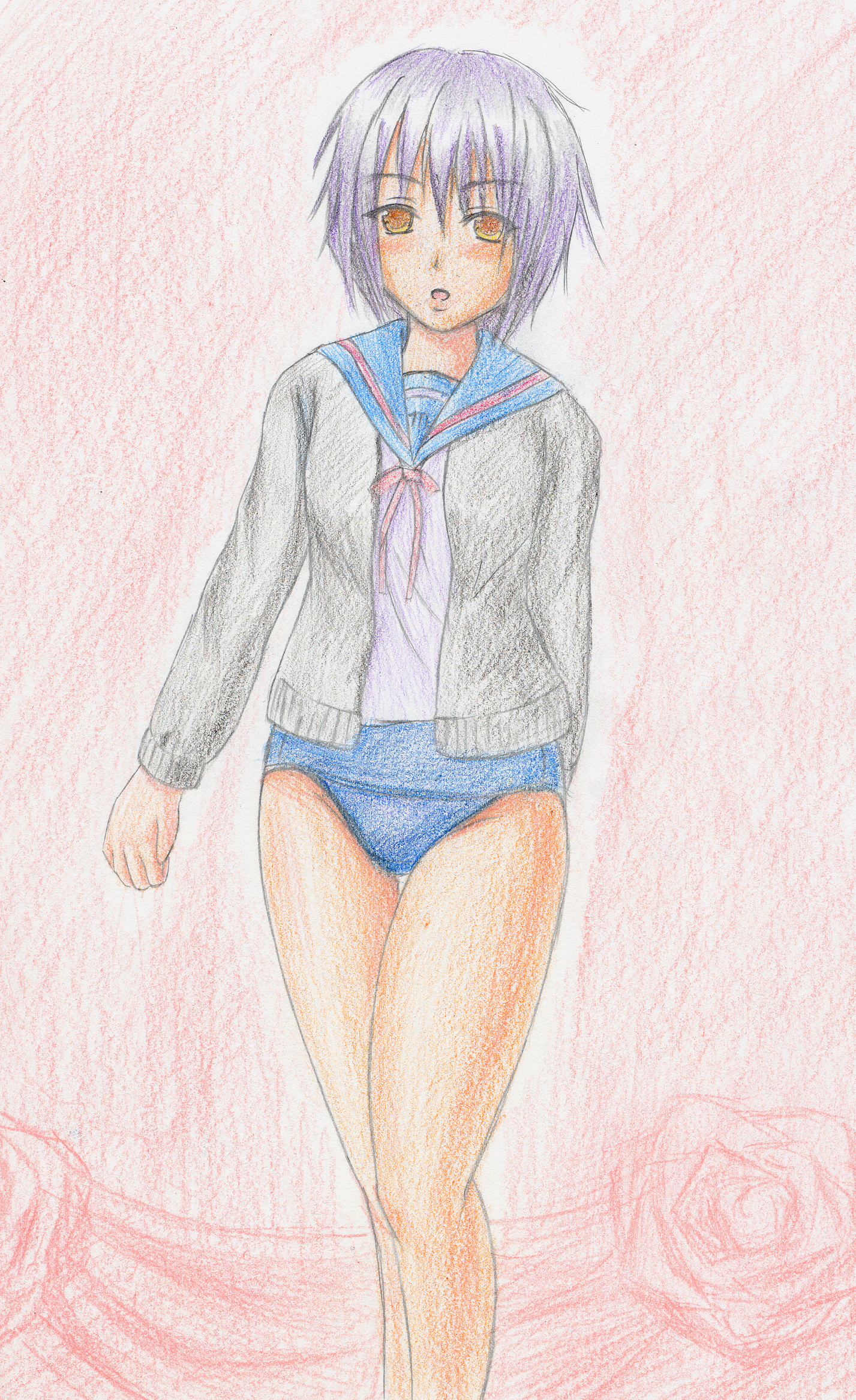 bm sebastian, nagato yuki, suzumiya haruhi no yuuutsu, highres, traditional media, 00s, cardigan, no pants, one-piece swimsuit, school swimsuit, school uniform, serafuku, short hair, solo, swimsuit, swimsuit under clothes