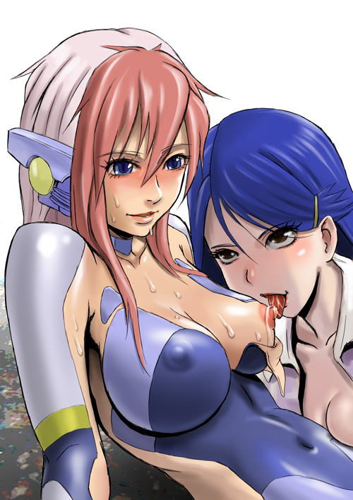 nenashi, birdy cephon altera, nakasugi sayaka, tetsuwan birdy, tetsuwan birdy decode, bad id, bad pixiv id, 00s, 2girls, blue eyes, blue hair, blush, breast slip, breasts, brown eyes, colored bangs, covered erect nipples, covered navel, large breasts, leotard, licking, licking nipple, long hair, multicolored hair, multiple girls, nipple stimulation, nipples, one breast out, pink hair, saliva, simple background, tongue, two-tone hair, white background, yuri