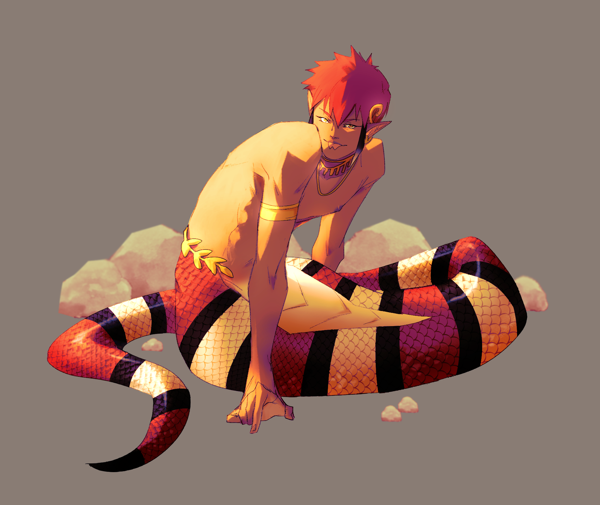hiffuu, original, gold armlet, highres, forked tongue, full body, grey background, hair ornament, lamia boy, monster boy, nipples, pointy ears, red hair, short hair, simple background, snake boy, tan, toned, toned male, tongue