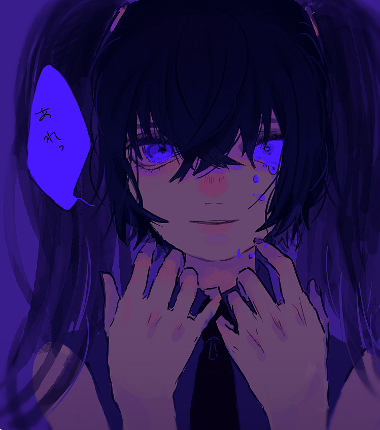 mawarusanso, hatsune miku, vocaloid, commentary request, translation request, 1girl, black hair, blue eyes, blue theme, crying, hair between eyes, long hair, looking at viewer, necktie, parted lips, sad, solo, speech bubble, tears, twintails