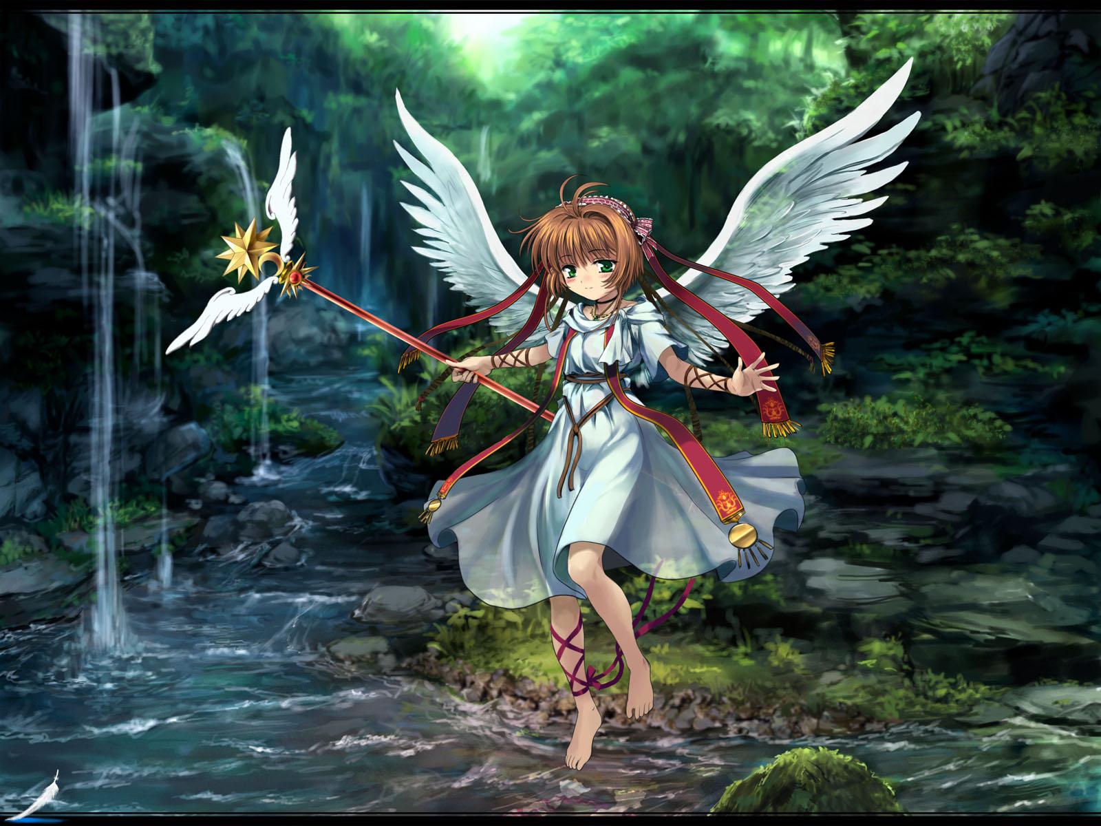 mutsuki (moonknives), kinomoto sakura, cardcaptor sakura, kodansha, highres, 1990s (style), 1girl, angel, barefoot, brown hair, child, feet, female focus, floating, forest, grass, green eyes, hair ornament, hoshi no tsue, magical girl, nature, outdoors, retro artstyle, ribbon, river, short hair, skirt, soaking feet, solo, toes, tree, water, wings