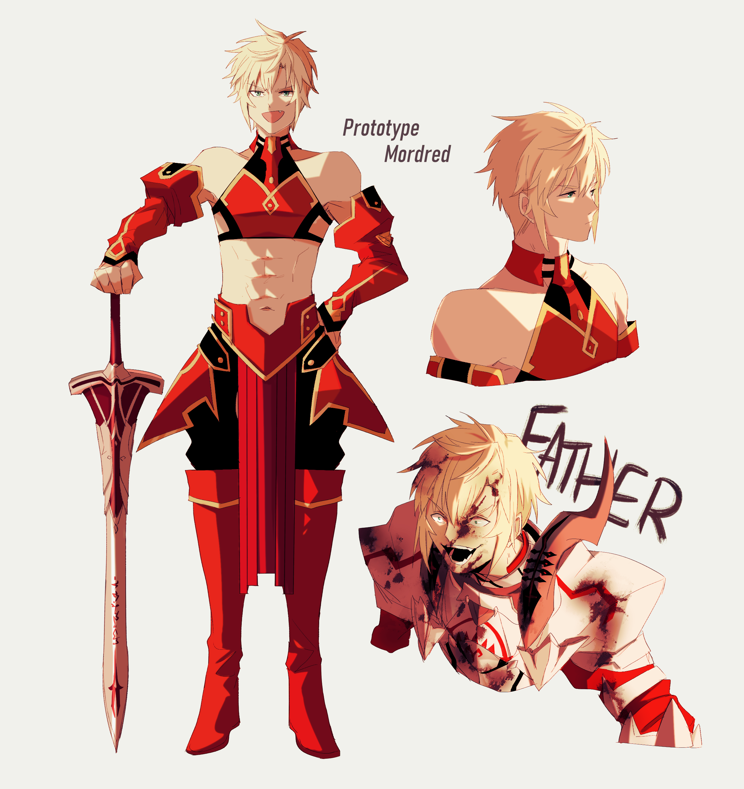 hiffuu, mordred (fate), fate (series), absurdres, highres, 1boy, abs, armor, bare shoulders, blonde hair, blood, blood on face, crazy smile, genderswap, genderswap (ftm), green eyes, holding, holding sword, holding weapon, male focus, navel, open mouth, short hair, simple background, smile, sword, toned, toned male, weapon, white background