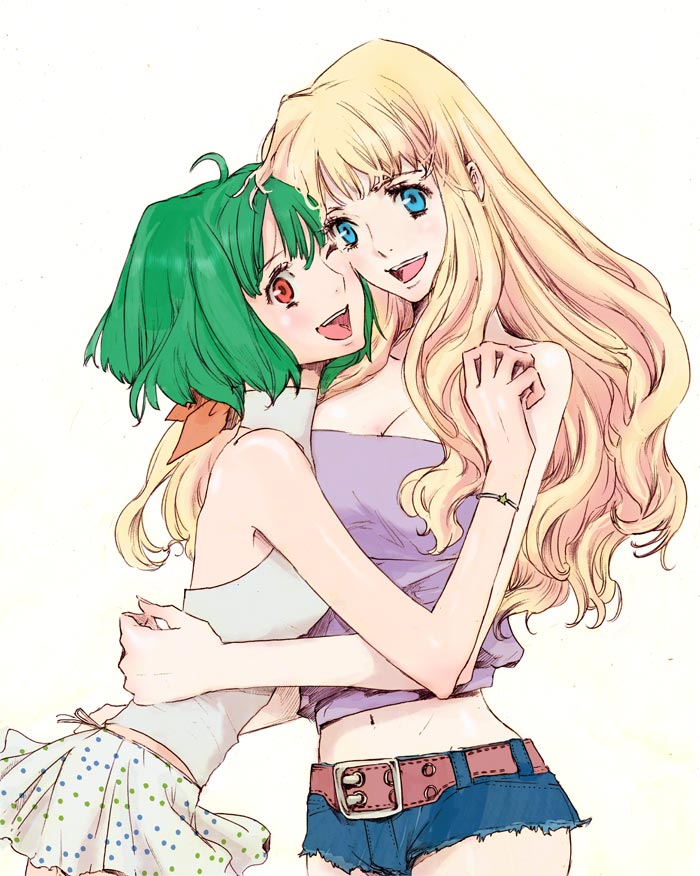 saitou, ranka lee, sheryl nome, macross, macross frontier, ballpoint pen (medium), pen (medium), traditional media, 00s, ahoge, alternate costume, belt, blonde hair, blue eyes, blush, bracelet, denim, denim shorts, green hair, happy, hug, jewelry, long hair, red eyes, short hair, shorts, smile, twintails