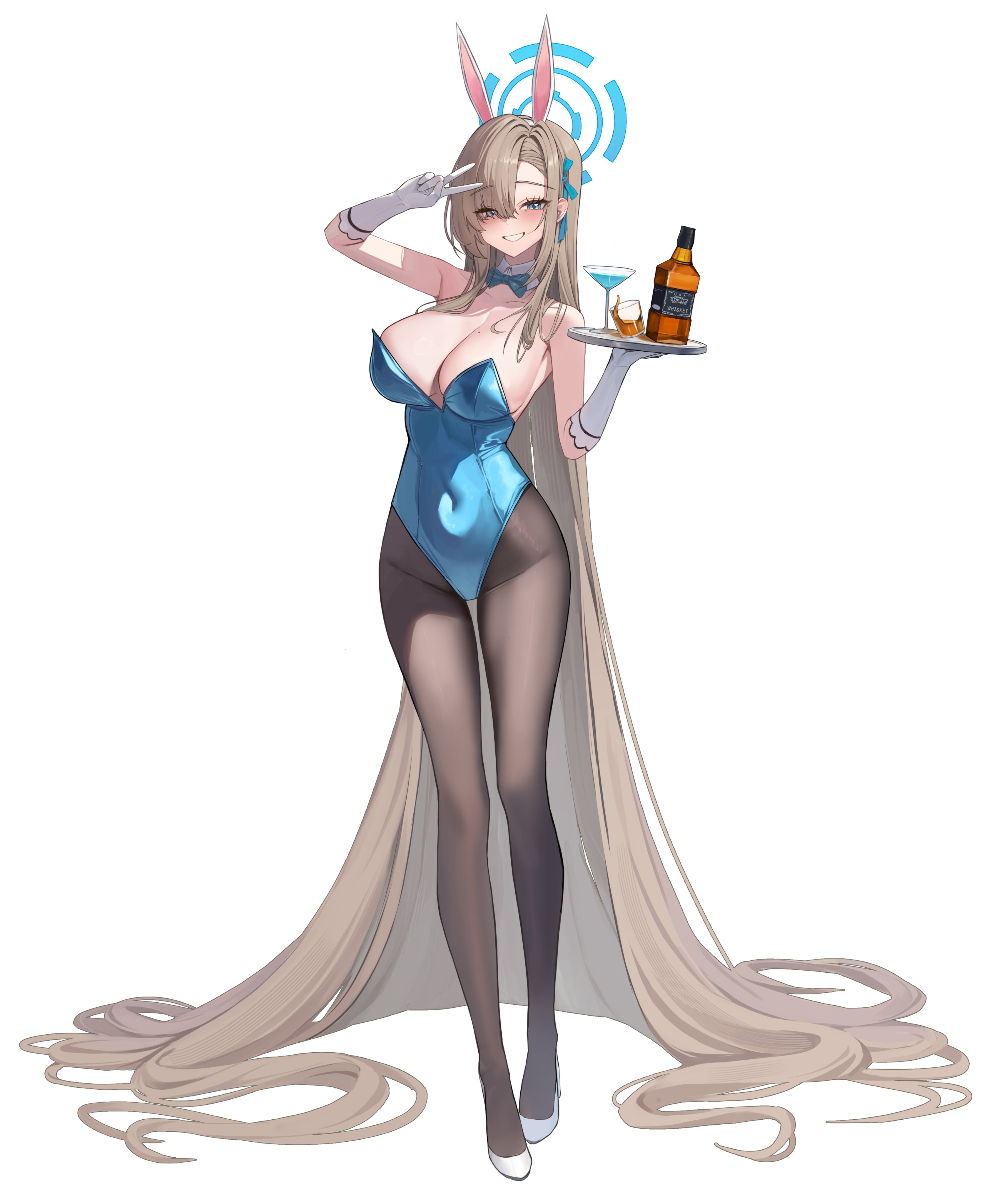 andamiro, asuna (blue archive), asuna (bunny) (blue archive), blue archive, absurdres, highres, 1girl, absurdly long hair, animal ears, arm up, asymmetrical bangs, blue bow, blue bowtie, blue halo, blue leotard, bow, bowtie, cocktail glass, cup, detached collar, drinking glass, fake animal ears, full body, glass bottle, gloves, hair over one eye, halo, highleg, highleg leotard, holding, holding tray, leotard, long hair, looking at viewer, official alternate costume, pantyhose, playboy bunny, rabbit ears, smile, solo, strapless, strapless leotard, thighband pantyhose, traditional bowtie, tray, v, very long hair, white background, white gloves