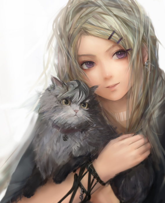 miche, original, bad id, bad pixiv id, 1girl, barcode, blonde hair, cat, female focus, hair ornament, hairclip, long hair, pink eyes, solo