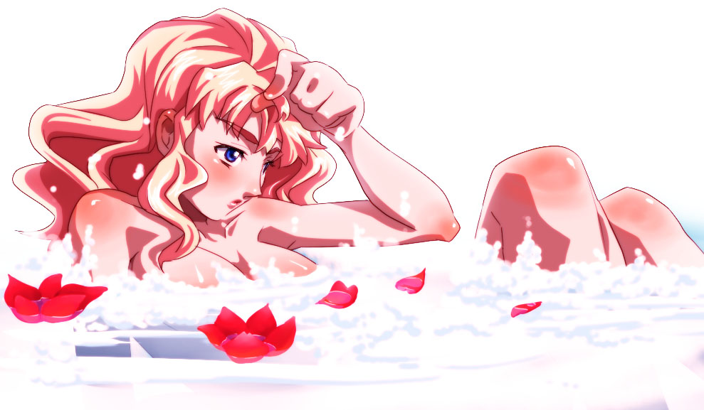 kutsu, kutsuno, sheryl nome, macross, macross frontier, bad id, 00s, 1girl, bath, bathing, blonde hair, blue eyes, blue hair, blush, body blush, breasts, bubble bath, convenient censoring, female focus, flower, foam, from side, hand up, knees up, large breasts, lips, long hair, looking to the side, matching hair/eyes, parted lips, partially submerged, petals, reclining, sidelocks, simple background, soap bubbles, soap censor, solo, thick eyebrows, twirling hair, water, wavy hair, white background