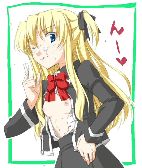decarabi, shalon, quiz magic academy, 1girl, blonde hair, blue eyes, breasts, cum, cum on body, cum on breasts, cum on upper body, facial, female focus, flat chest, hair ribbon, heart, licking, long hair, nipples, one eye closed, open clothes, open shirt, ribbon, school uniform, serafuku, shirt, solo, wink