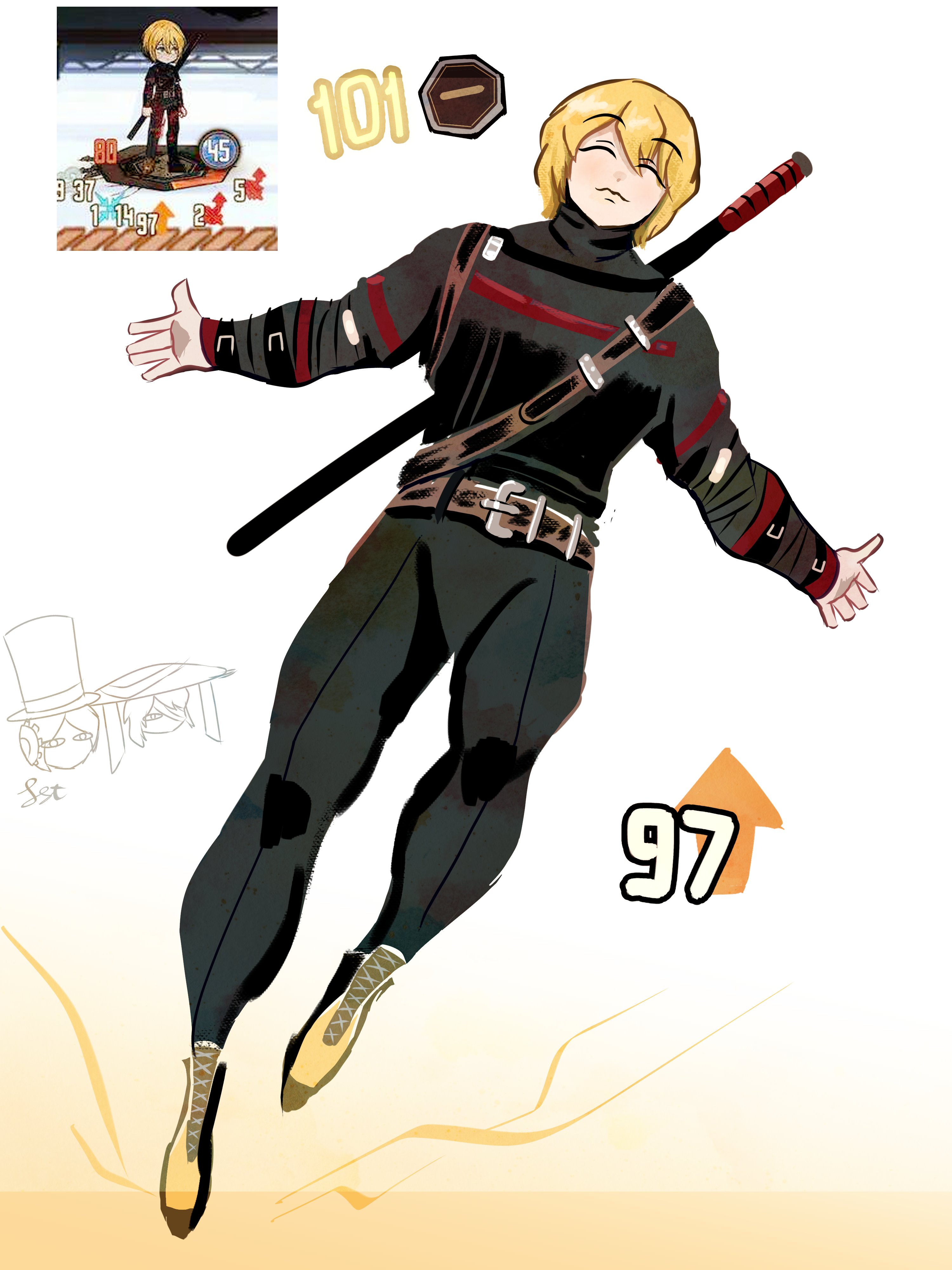 senlidoesstuff, don quixote (project moon), faust (project moon), outis (project moon), limbus company, project moon, absurdres, highres, 3girls, :3, arm belt, belt, black pants, blonde hair, chest strap, chibi, closed eyes, closed mouth, heishou pack-mao branch (identity) (project moon), lightning bolt symbol, meme, multiple girls, over shoulder, pants, shi association south uniform, shoes, simple background, sleeves past wrists, sprite, sword, sword over shoulder, t corp. (identity) (project moon), tight clothes, tight pants, wally west solos fiction (meme), weapon, weapon over shoulder, yellow shoes