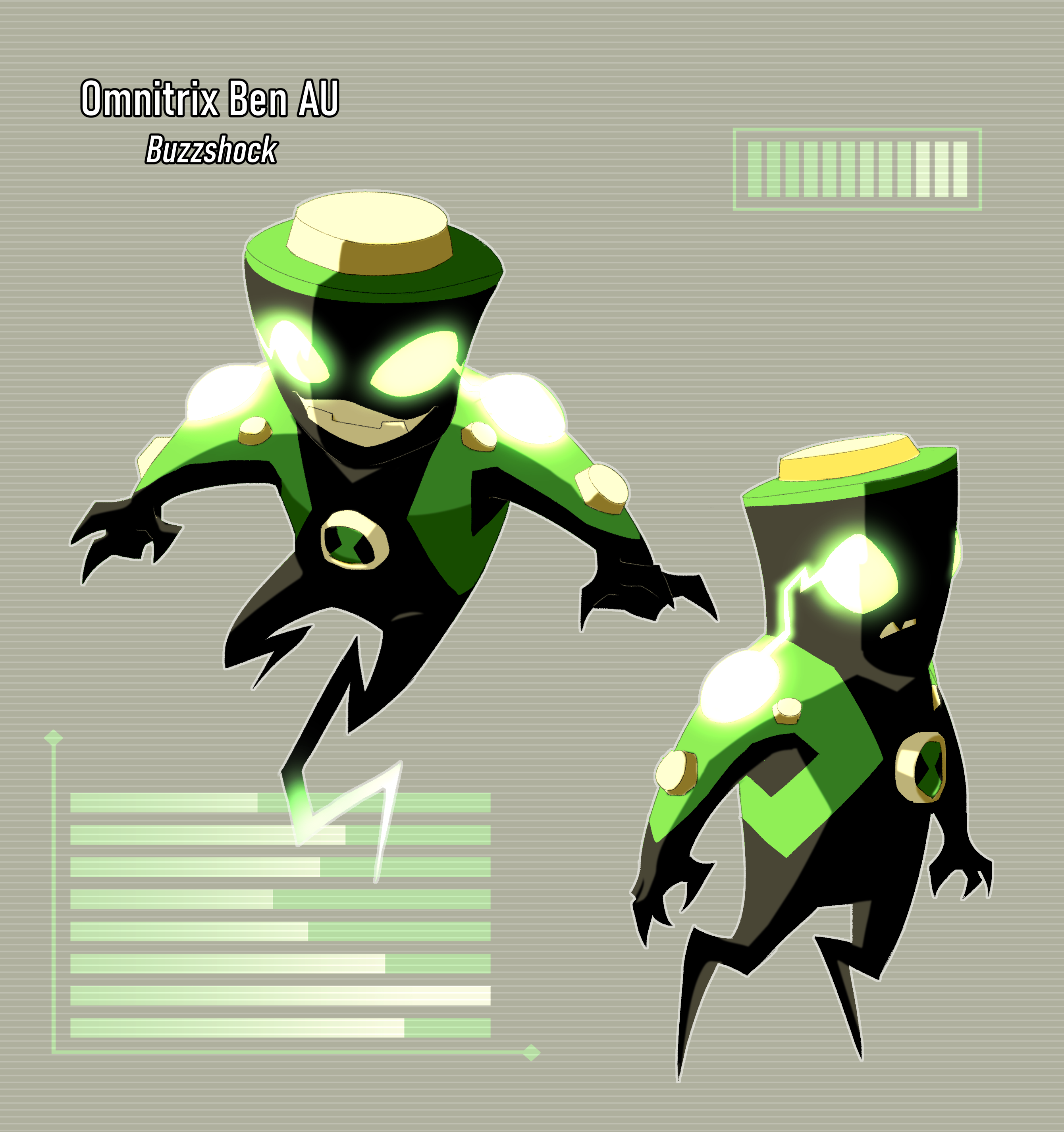 hiffuu, ben 10, absurdres, highres, 1boy, alien, battery, buzzshock, character name, creature, electricity, eye trail, glowing, glowing eyes, light trail