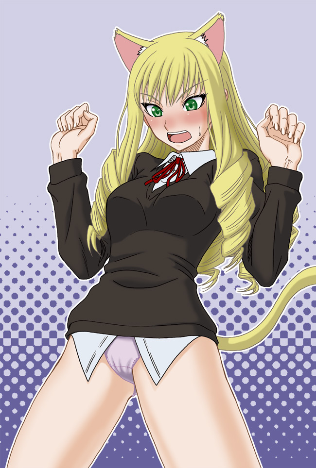 misnon the great, adilisia lenn mathers, rental magica, 00s, animal ears, blonde hair, blush, cat ears, cat tail, drill hair, green eyes, long hair, panties, solo, tail, underwear