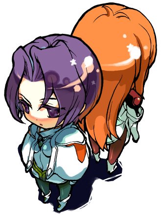 sagano aoi, elhaym van houten, miang hawwa, xenogears, lowres, aoi sagano, chibi, orange hair, pantyhose, purple hair