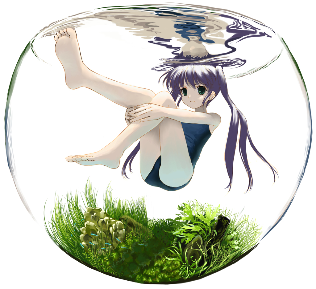 mocha, tougi shiro, fortune arterial, 1girl, afloat, barefoot, feet, female focus, fish tank, flat chest, floating, grass, green eyes, hugging own legs, long hair, long legs, one-piece swimsuit, purple hair, reflection, school swimsuit, smile, soles, solo, submerged, swimsuit, toes, twintails, underwater, water