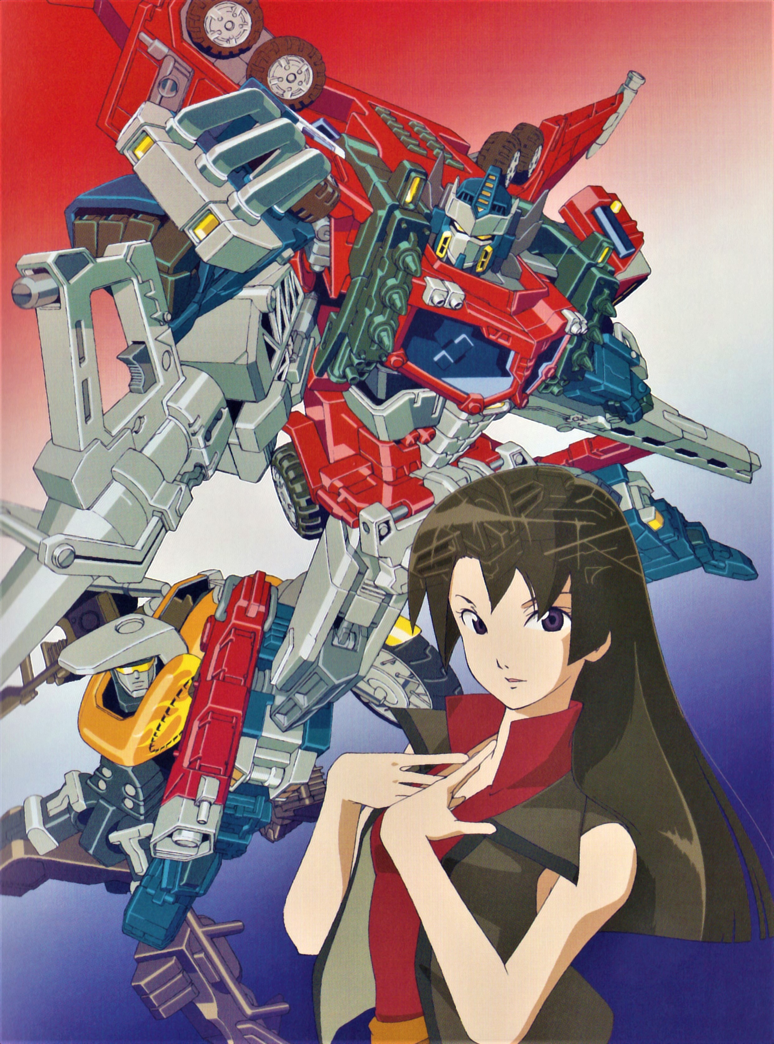 yamada takahiro, galaxy convoy, optimus prime, transformers, transformers cybertron, transformers unicron trilogy, absurdres, highres, official art, 1girl, autobot, brown eyes, brown hair, cannon, gun, holding, holding gun, holding weapon, long hair, looking at viewer, simple background, weapon