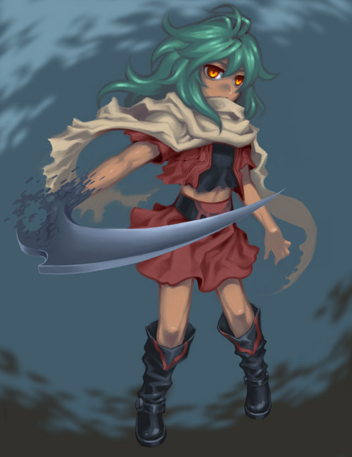 banbuji, emerada (xenogears), xenogears, green hair, long hair, skirt, solo, torn clothes, yellow eyes