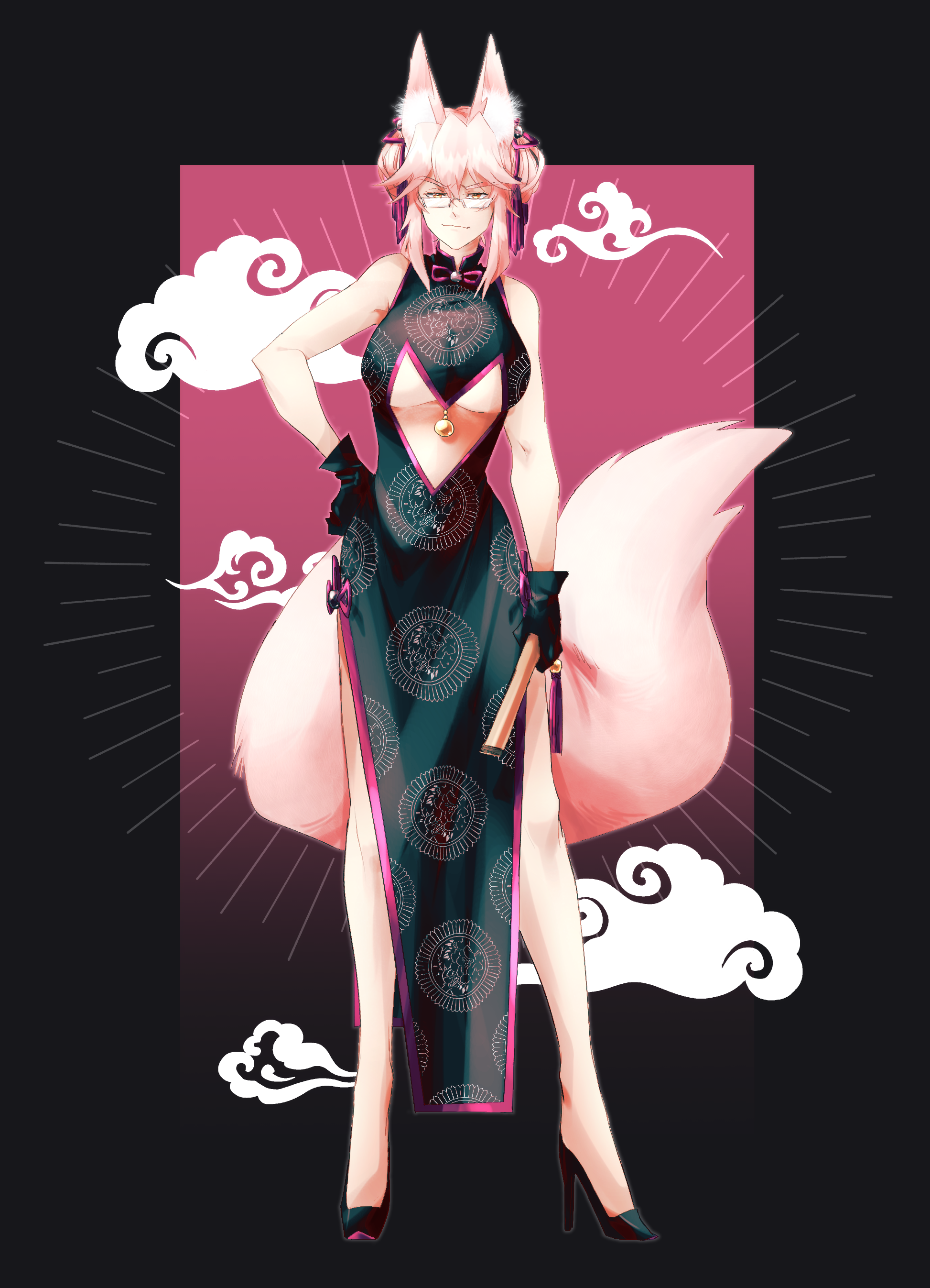 hiffuu, koyanskaya (fate), fate/grand order, fate (series), absurdres, highres, animal ear fluff, animal ears, china dress, chinese clothes, cloud, dress, fox ears, fox girl, full body, large tail, pink hair, standing, tail, yellow eyes