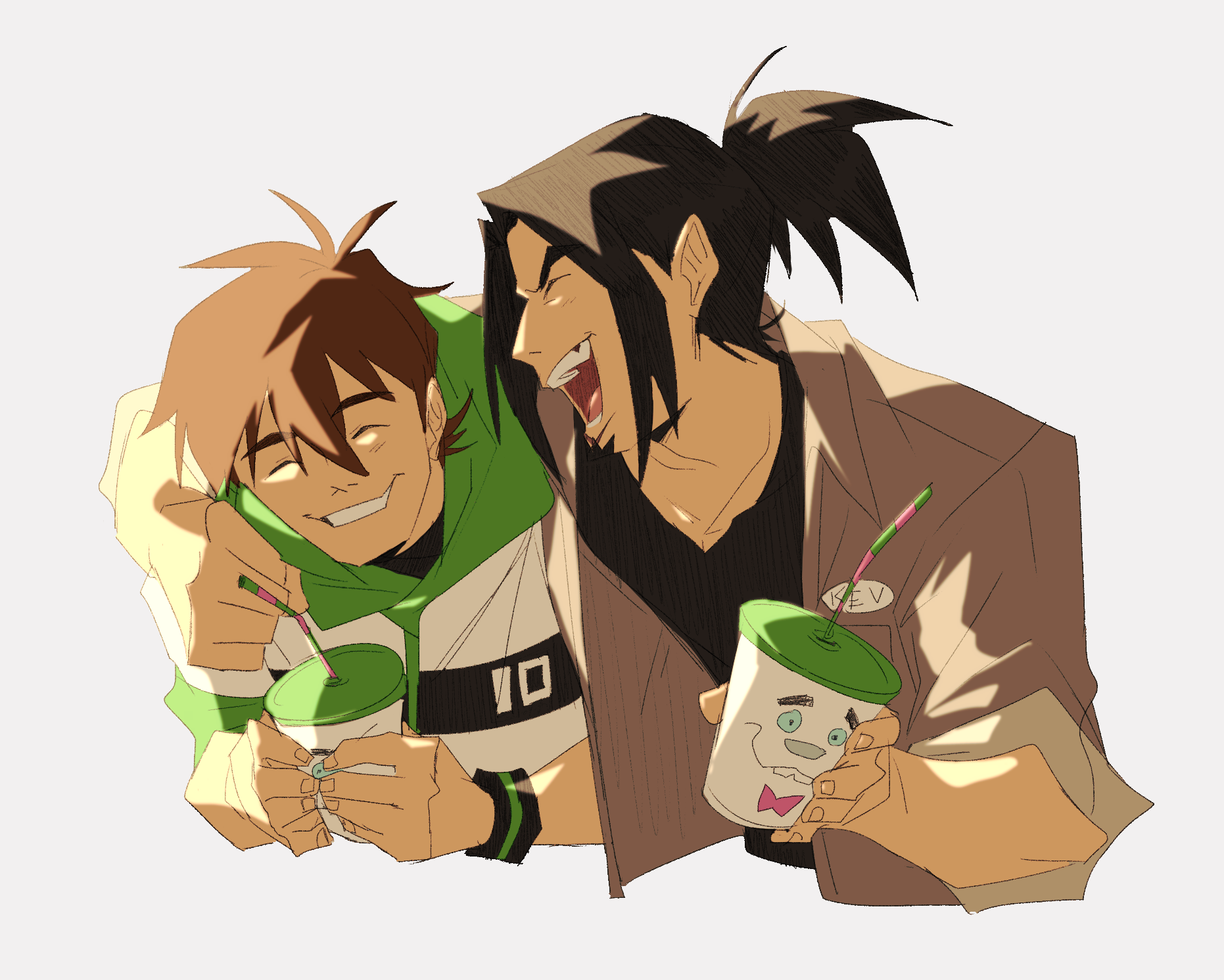 hiffuu, ben tennyson, kevin levin, ben 10, ben 10: omniverse, highres, black hair, closed eyes, cup, drinking straw, friends, grin, holding, holding cup, laughing, mr. smoothie, ponytail, short hair, simple background, smile, teeth, white background
