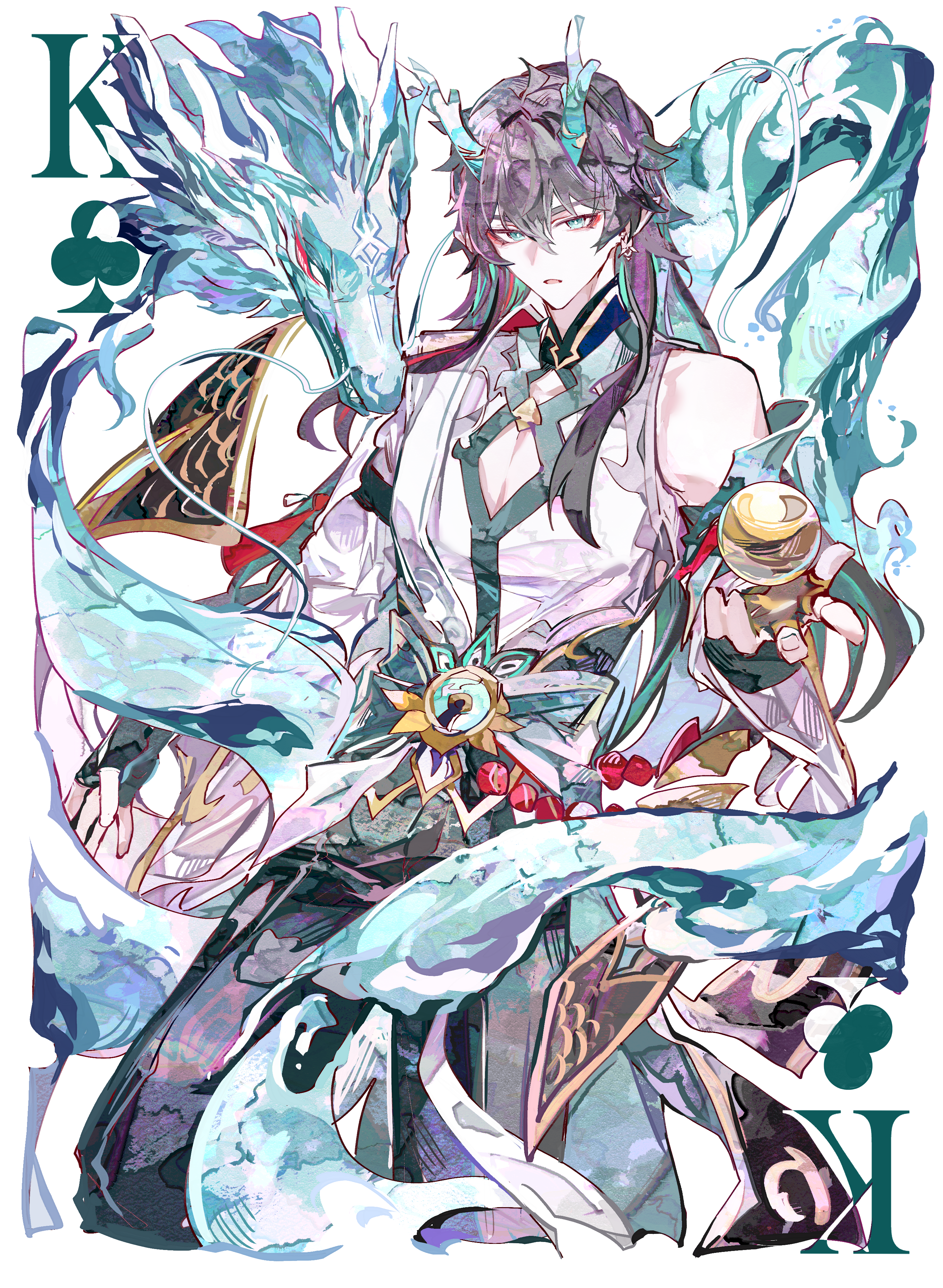cocoballking, dan heng (honkai: star rail), dan heng (imbibitor lunae) (honkai: star rail), honkai: star rail, honkai (series), absurdres, commentary, highres, 1boy, arm up, asymmetrical sleeves, belt, black gloves, black hair, black pants, card, cleavage cutout, clothing cutout, club (shape), cropped legs, detached sleeves, dragon, dragon boy, dragon horns, earrings, eyeliner, fingerless gloves, fingernails, gloves, green eyes, green hair, hair between eyes, holding, horns, hydrokinesis, jewelry, king (playing card), king of clubs, long hair, looking at viewer, makeup, male focus, mandarin collar, multicolored hair, official alternate costume, open mouth, orb, pants, piercing, playing card, red eyeliner, red hair, shirt, single bare shoulder, single detached sleeve, solo, streaked hair, water, white background, white shirt, wide sleeves