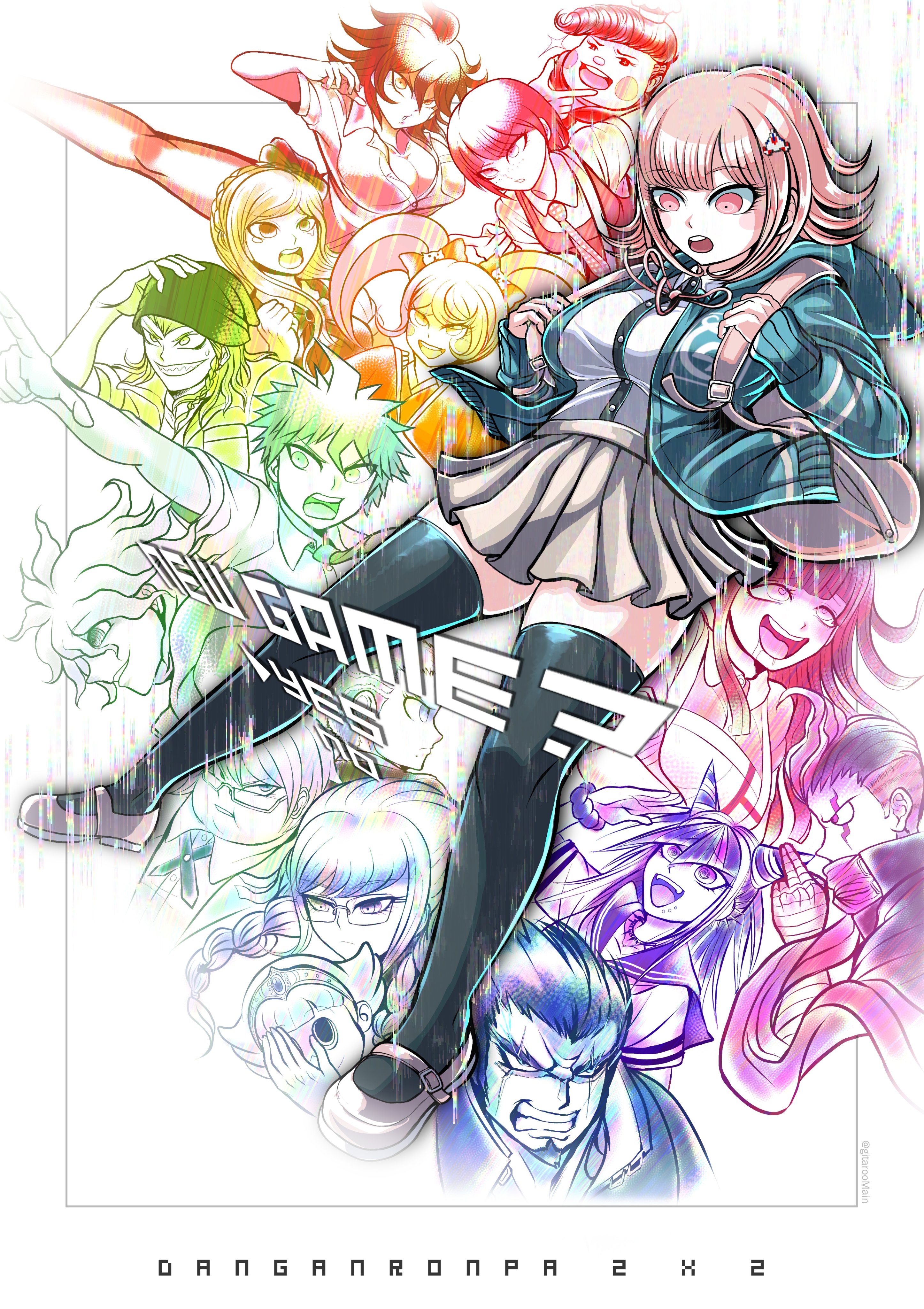 hanamura teruteru, hinata hajime, koizumi mahiru, komaeda nagito, kuzuryu fuyuhiko, mioda ibuki, nanami chiaki, nidai nekomaru, owari akane, pekoyama peko, saionji hiyoko, soda kazuichi, sonia nevermind, tanaka gundham, togami byakuya (danganronpa 2), tsumiki mikan, danganronpa (series), danganronpa 2: goodbye despair, absurdres, highres, 6+boys, 6+girls, :d, :o, apron, backpack, bag, bandaged arm, bandages, black shirt, black thighhighs, blonde hair, blush stickers, bow, braid, breasts, brown hair, brown skirt, chef hat, cleavage, clenched teeth, collared shirt, dress, english text, facial hair, gitaroomain, goatee, green jacket, hair bow, hair horns, hair ornament, hat, holding, holding mask, jacket, japanese clothes, kimono, large breasts, long hair, mask, medium hair, messy hair, miniskirt, multiple boys, multiple girls, neck ribbon, open clothes, open jacket, open mouth, pink bag, pink eyes, pink ribbon, pink shirt, pink shoes, pleated skirt, ribbon, scarf, shirt, shirt tucked in, shoes, short hair, skirt, smile, sweat, teeth, thighhighs, tongue, two-tone shirt, upper teeth only, white apron, white shirt, zettai ryouiki