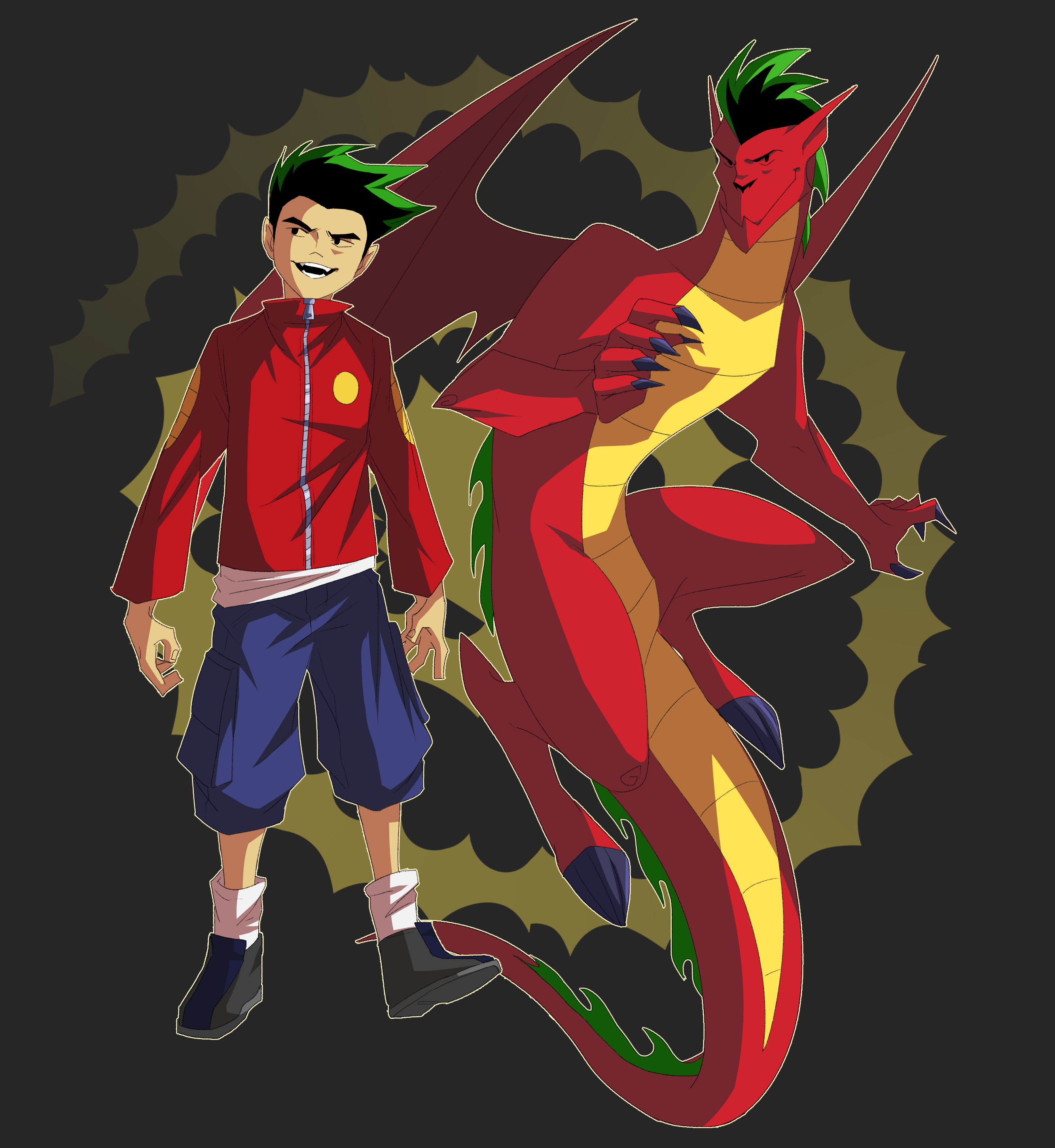 hiffuu, jake long, american dragon jake long, absurdres, highres, blue shorts, dragon, dragon boy, dragon tail, dragon wings, fangs, full-length zipper, full body, grin, hood, hood down, jacket, outline, red jacket, red scales, shorts, smile, tail, white outline, wings, zipper
