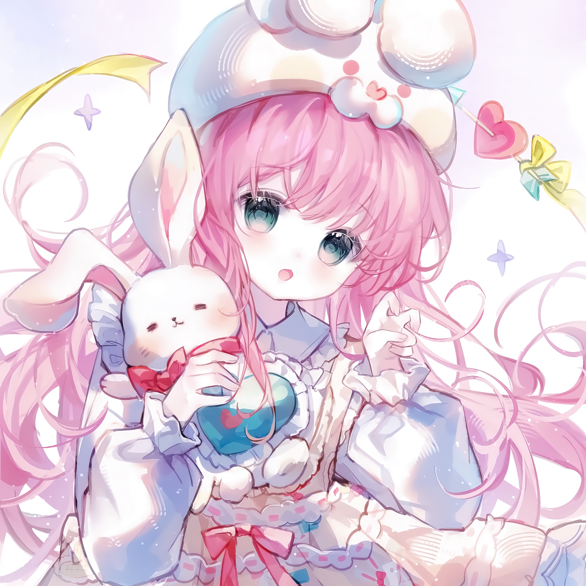 camao, original, highres, 1girl, :o, animal ears, animal hat, blush, bow, collared shirt, dress, frills, green eyes, hands up, hat, heart, holding, long hair, long sleeves, looking at viewer, open mouth, pink hair, puffy long sleeves, puffy sleeves, red bow, shirt, simple background, sleeveless, sleeveless dress, solo, star (symbol), stuffed animal, stuffed rabbit, stuffed toy, upper body, very long hair, white background, white dress, white shirt