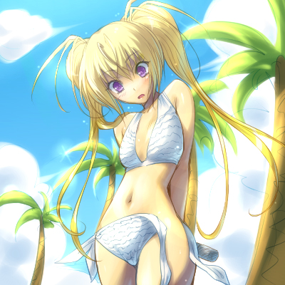 hairu, hoshina utau, shugo chara!, lowres, 1girl, bikini, blonde hair, blush, cloud, day, female focus, long hair, navel, palm tree, purple eyes, side-tie bikini bottom, sky, solo, swimsuit, tree, twintails, untied bikini, wardrobe malfunction