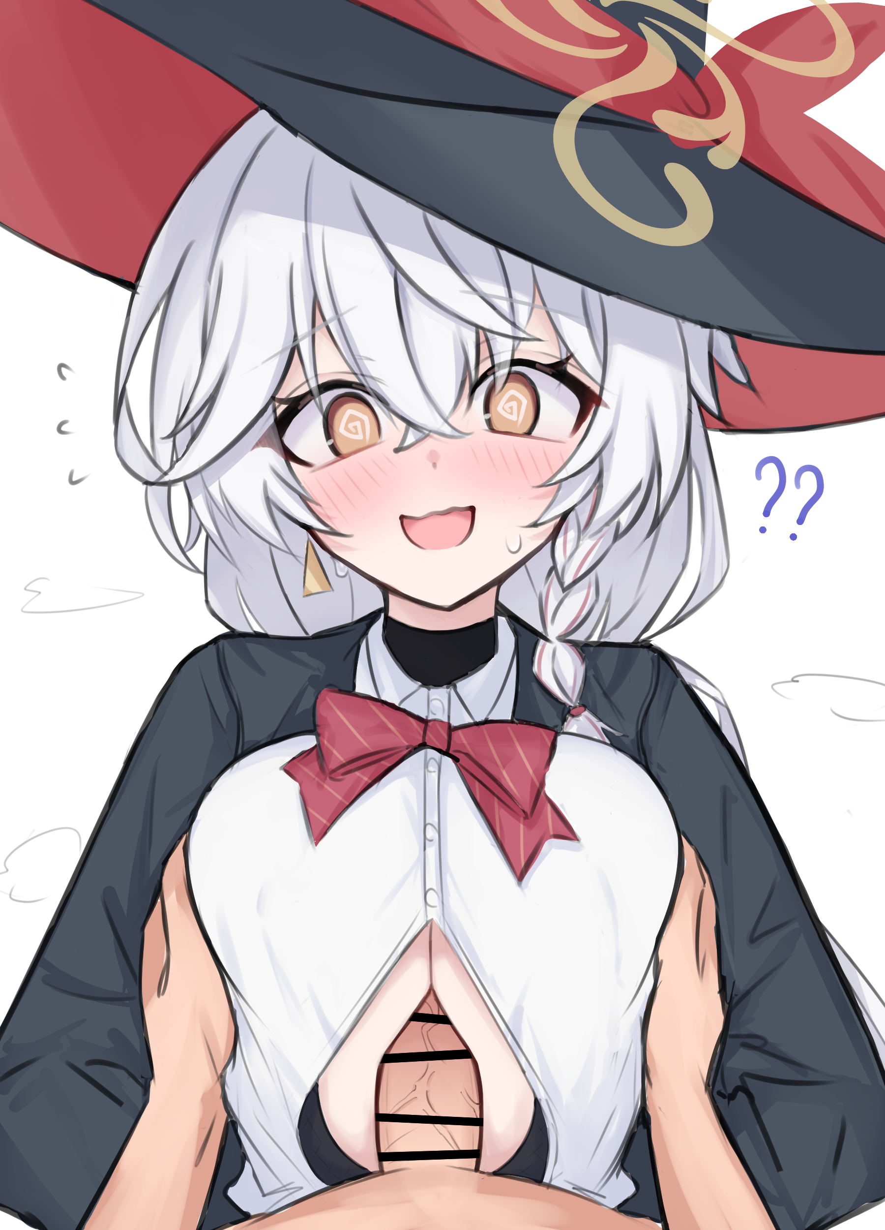 acht ao, eri (blue archive), blue archive, absurdres, commentary, highres, paid reward available, 1boy, 1girl, :d, ?, ??, @ @, bar censor, black hat, black jacket, blush, bow, bowtie, braid, breasts, breasts squeezed together, brown eyes, censored, cleavage, collared shirt, crossed bangs, diagonal-striped bow, diagonal-striped bowtie, diagonal-striped clothes, dress shirt, earrings, embarrassed, erection, eyes visible through hair, flying sweatdrops, grabbing another's breast, grey hair, groping, hair between eyes, halo, hat, hat ribbon, hetero, jacket, jewelry, large breasts, looking at viewer, open clothes, open jacket, open mouth, paizuri, penis, pov, pov crotch, pov hands, red bow, red bowtie, red ribbon, ribbon, school uniform, shirt, simple background, single braid, smile, solo focus, striped bow, striped bowtie, striped clothes, sweatdrop, upper body, veins, veiny penis, wavy mouth, white background, white shirt, witch hat, yellow halo
