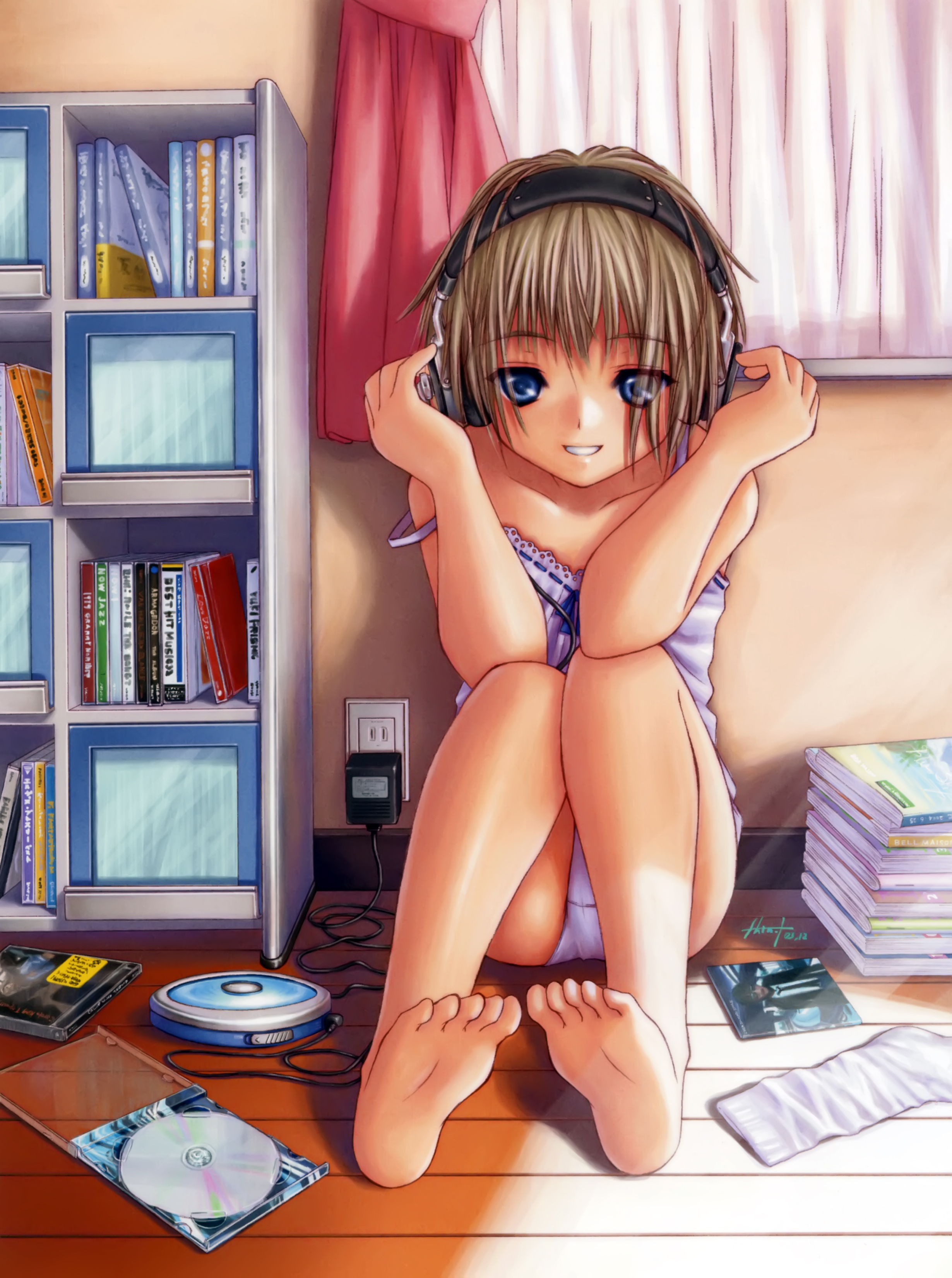 inou shin, original, absurdres, highres, non-web source, 1girl, barefoot, blue eyes, bob cut, book, bookshelf, brown hair, camisole, cd, cd case, cd player, cd walkman, chemise, curtains, electrical outlet, feet, female focus, grin, hand on own ear, headphones, knees to chest, leaning back, looking at viewer, off shoulder, on floor, panties, short hair, signature, sitting, smile, soles, solo, strap slip, sunlight, toes, underwear, white panties, window, wooden floor