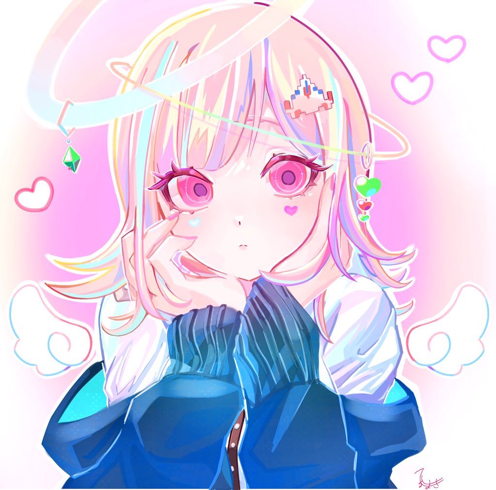 nanami chiaki, danganronpa (series), danganronpa 2: goodbye despair, 1girl, brown hair, closed mouth, dress shirt, hair ornament, halo, hands up, heart, heart hair ornament, heru maki, jacket, long sleeves, medium hair, multicolored hair, nail polish, off shoulder, pink eyes, pink nails, shirt, solo, two-tone shirt, upper body