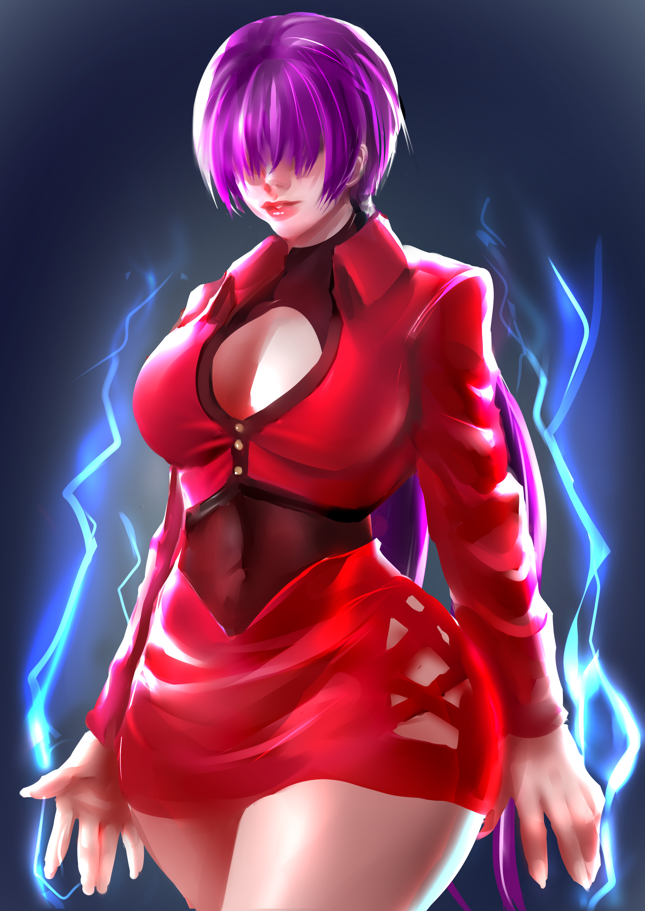 onishinx, orion-m, orochi shermie, shermie (kof), the king of fighters, absurdres, highres, 1girl, breasts, cleavage cutout, clothing cutout, curvy, dress, electricity, female focus, huge breasts, jacket, large breasts, long hair, long sleeves, orionm, pale skin, ponytail, purple hair, skirt, stanbl7, thick lips, thick thighs, thighs, thunder, twintails, wide hips