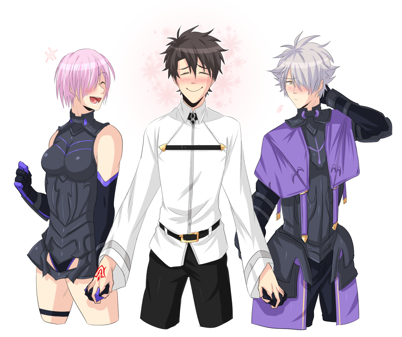 hiffuu, fujimaru ritsuka (male), mash kyrielight, fate/grand order, fate (series), character request, arm behind back, blush, breasts, closed mouth, command spell, grey hair, holding hands, implied bisexual, jacket, large breasts, one eye closed, open mouth, pink hair, short hair, smile, white hair, white jacket