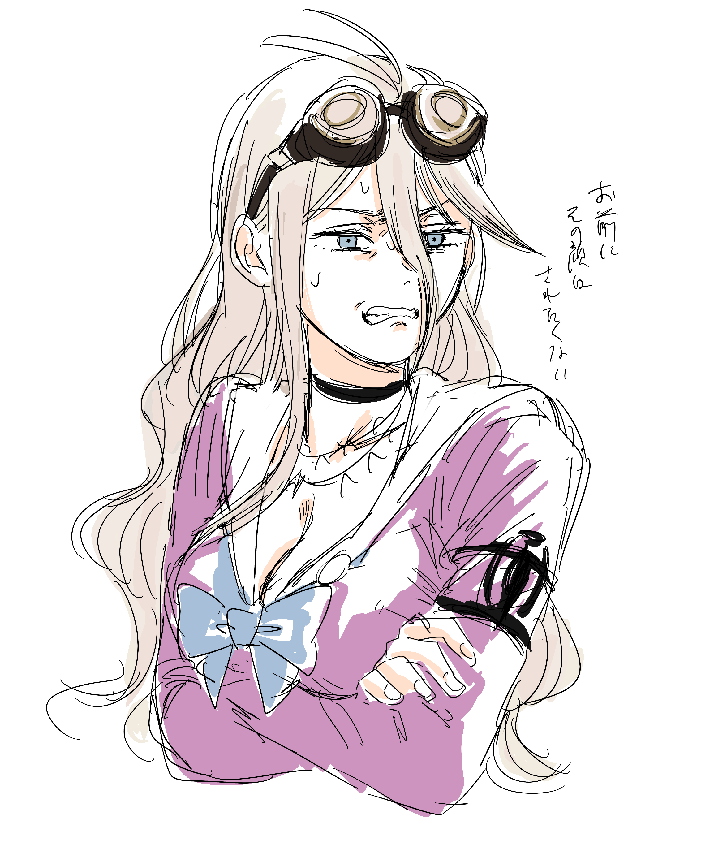 krmtknkoo1582, iruma miu, danganronpa (series), danganronpa v3: killing harmony, absurdres, commentary request, highres, translation request, 1girl, arm belt, badge, barbed wire, belt, black-framed eyewear, black belt, black choker, blonde hair, blue bow, blue bowtie, blue eyes, bow, bowtie, breasts, brown-tinted eyewear, choker, cleavage, clenched teeth, cropped torso, fingernails, goggles, goggles on head, hair between eyes, jewelry, large breasts, long hair, long hair between eyes, looking at viewer, necklace, nervous, nervous sweating, pink shirt, round eyewear, sailor collar, school uniform, serafuku, shirt, simple background, sketch, solo, sweat, teeth, tinted eyewear, wavy hair, white background, white sailor collar