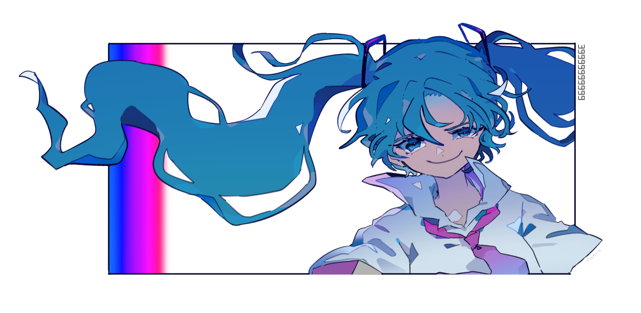 mawarusanso, hatsune miku, vocaloid, commentary request, 1girl, blue eyes, blue hair, border, long hair, looking at viewer, necktie, pink necktie, shirt, short sleeves, smile, solo, twintails, upper body, very long hair, white background, white border, white shirt