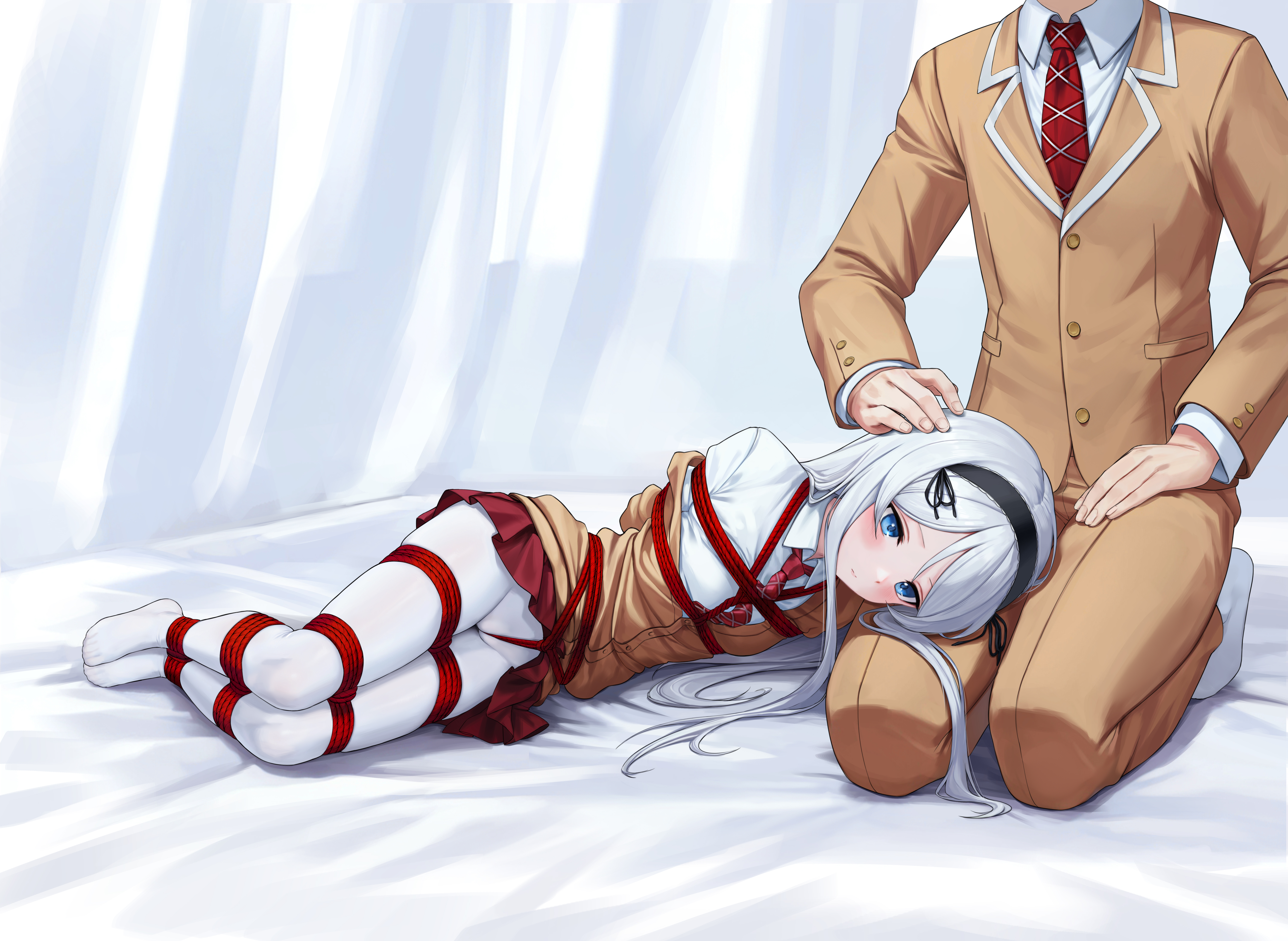 kumachi (aikawaakeya), houjou shisei, class no daikirai na joshi to kekkon suru koto ni natta., boxtie, absurdres, highres, 1boy, 1girl, arms behind back, bdsm, blazer, blue eyes, bondage, bound, breasts, cardigan, crotch rope, grey hair, jacket, lap pillow, long hair, looking down, lying, necktie, on side, pants, pantyhose, pleated skirt, red necktie, restrained, shibari, shibari under clothes, skindentation, skirt, small breasts, very long hair, white pantyhose