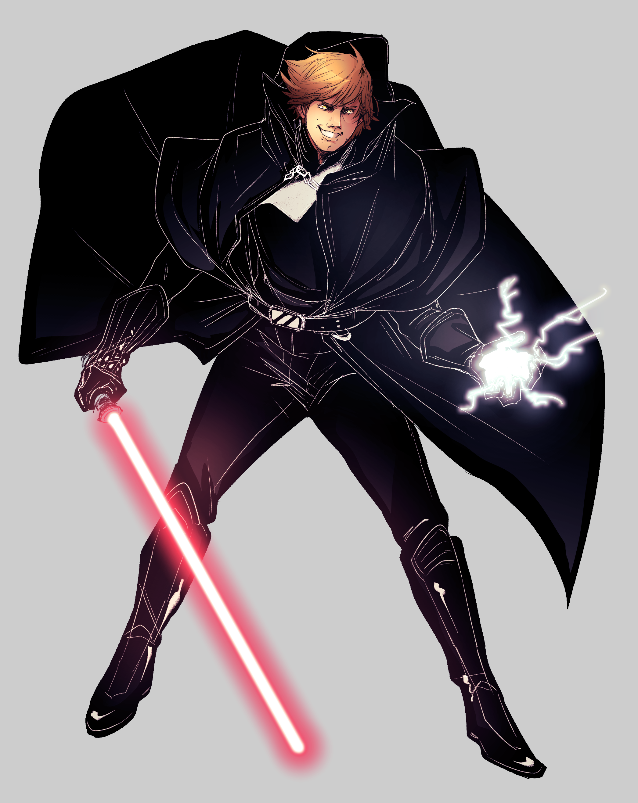 luke skywalker, star wars, absurdres, highres, alternate universe, black cape, black coat, blair (touya1), brown hair, cape, coat, dark persona, electricity, energy, energy sword, full body, grin, holding, holding sword, holding weapon, lightsaber, red lightsaber, short hair, smile, sword, weapon