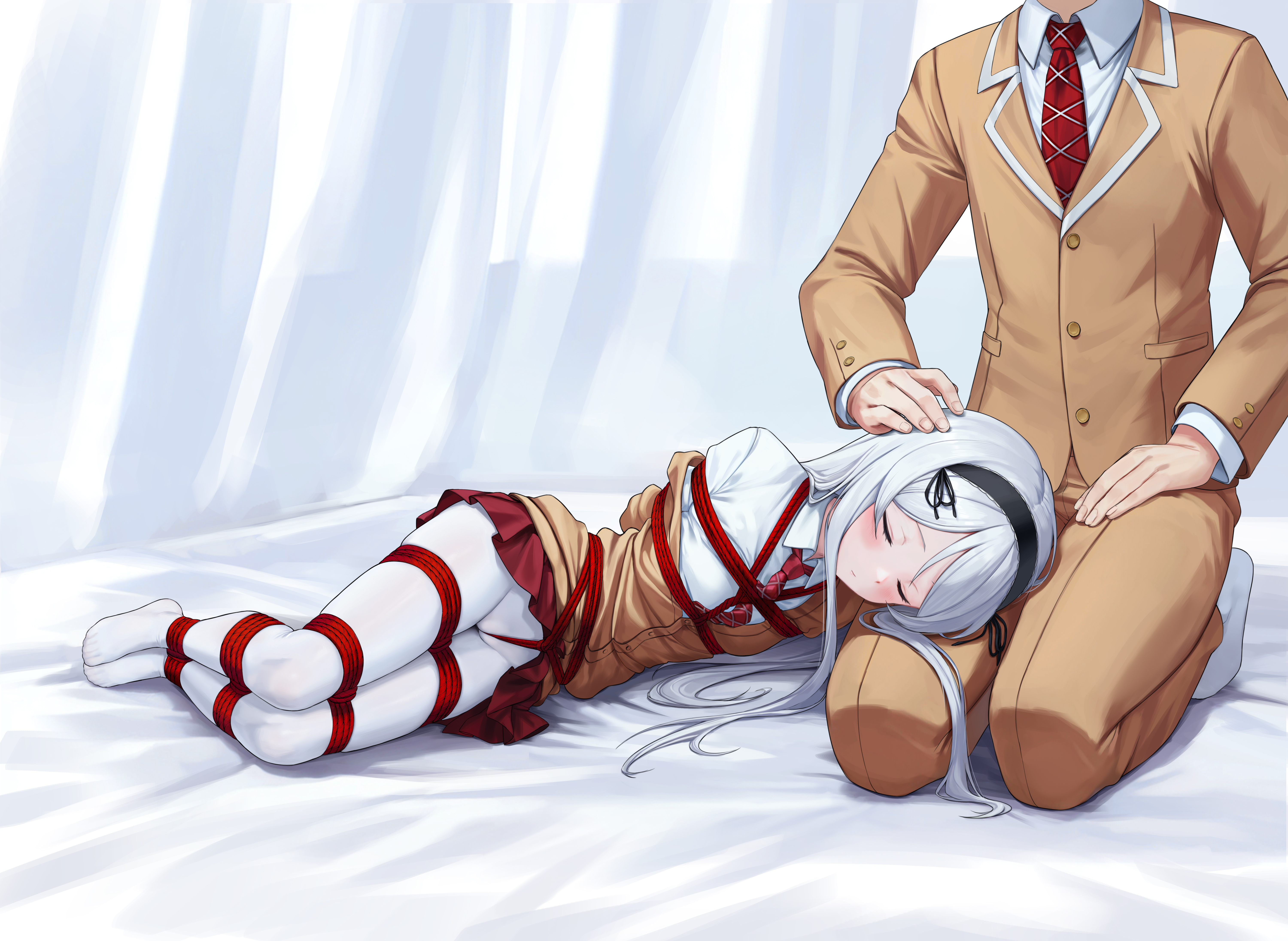 kumachi (aikawaakeya), houjou shisei, class no daikirai na joshi to kekkon suru koto ni natta., boxtie, absurdres, highres, 1boy, 1girl, arms behind back, bdsm, blazer, blue eyes, bondage, bound, breasts, cardigan, crotch rope, grey hair, jacket, lap pillow, long hair, looking down, lying, necktie, on side, pants, pantyhose, pleated skirt, red necktie, restrained, shibari, shibari under clothes, skindentation, skirt, small breasts, very long hair, white pantyhose