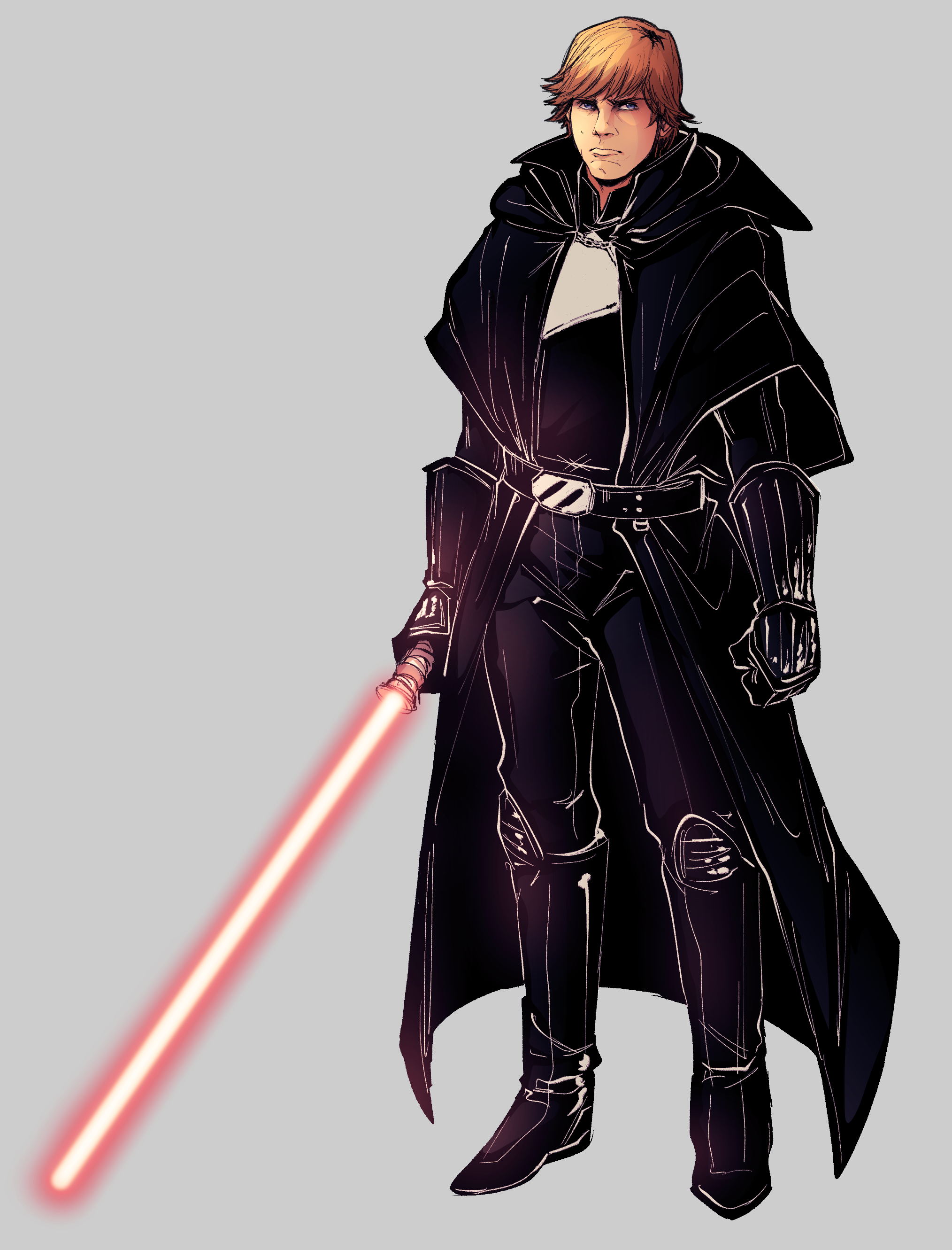 luke skywalker, star wars, absurdres, highres, alternate universe, black cape, black coat, blair (touya1), brown hair, cape, coat, dark persona, energy sword, full body, holding, holding sword, holding weapon, lightsaber, red lightsaber, short hair, sword, weapon