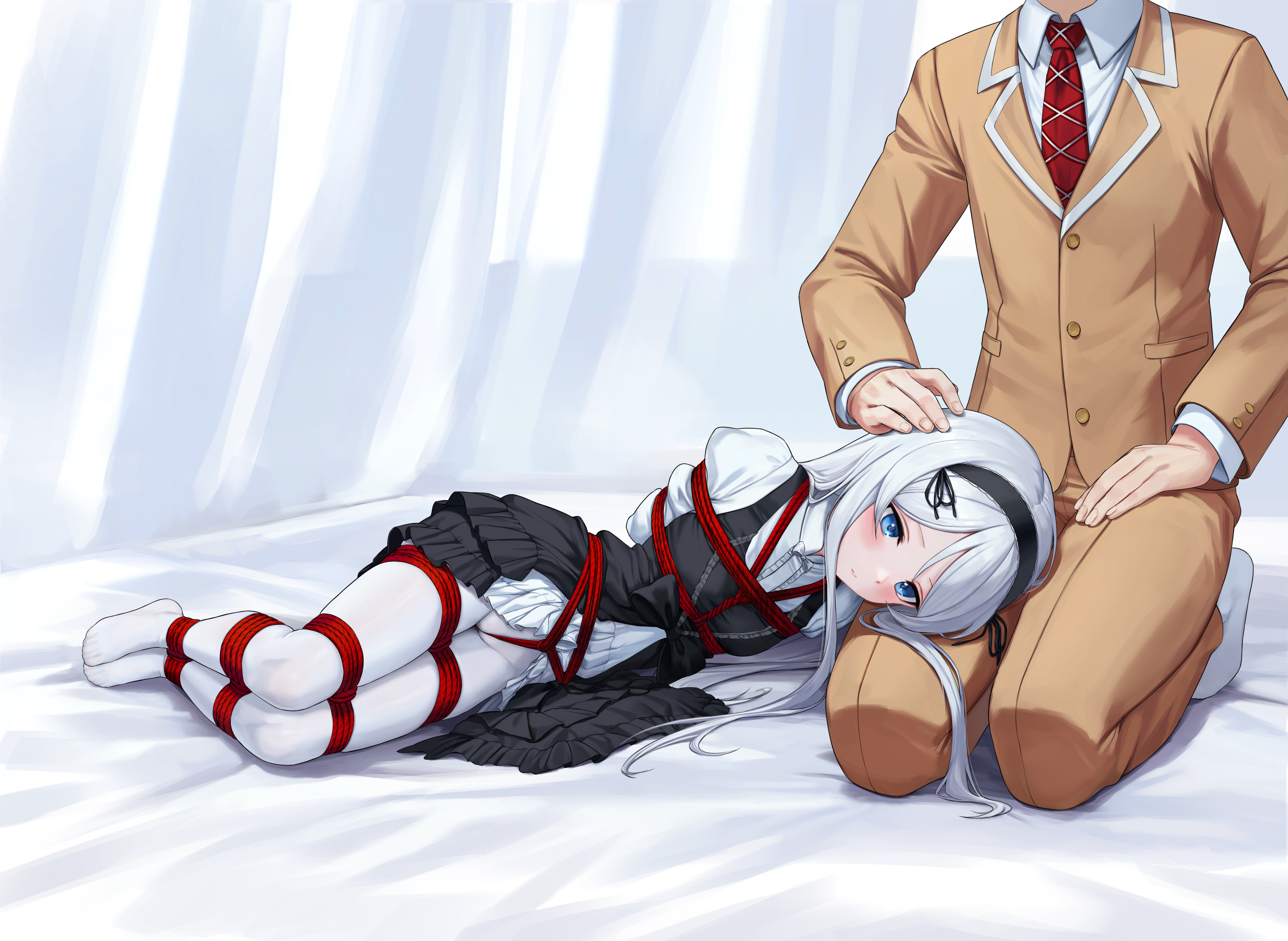 kumachi (aikawaakeya), houjou shisei, class no daikirai na joshi to kekkon suru koto ni natta., boxtie, absurdres, highres, 1boy, 1girl, arms behind back, bdsm, black dress, blazer, blue eyes, bondage, bound, breasts, crotch rope, dress, frilled dress, frilled shirt, frills, grey hair, jacket, lap pillow, long hair, looking down, lying, necktie, on side, pants, pantyhose, pleated skirt, red necktie, restrained, shibari, shibari under clothes, shirt, skindentation, skirt, small breasts, very long hair, white pantyhose