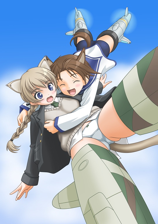 t2r, lynette bishop, miyafuji yoshika, strike witches, world witches series, 00s, 2girls, animal ears, braid, cat ears, cat tail, hug, multiple girls, necktie, panties, short hair, single braid, striker unit, sweater, tail, underwear, white panties