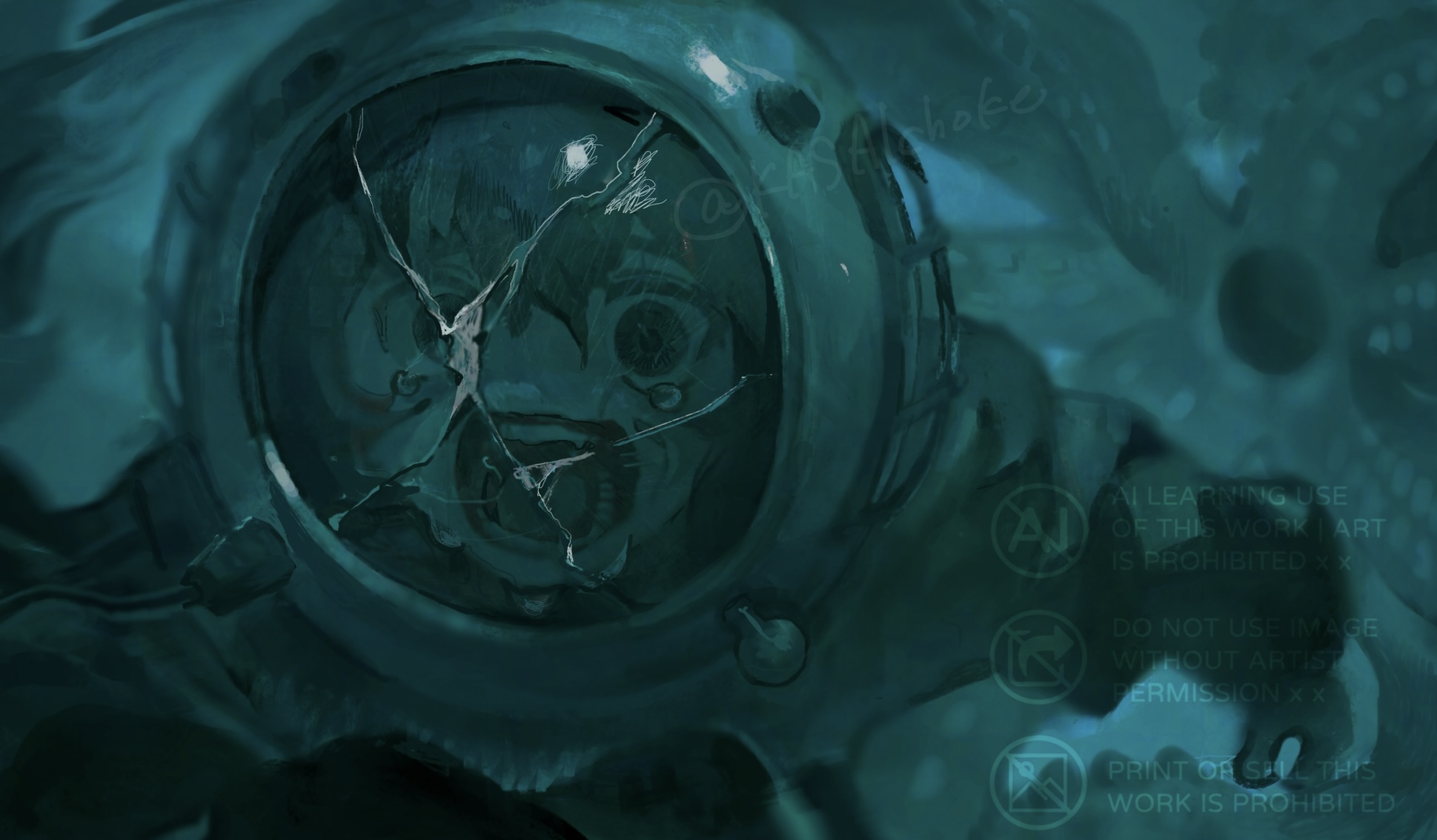 ttt nitizyo, original, highres, 1girl, broken glass, crying, diving mask, diving suit, glass, goggles, ocean, octopus, open mouth, scared, shouting, underwear