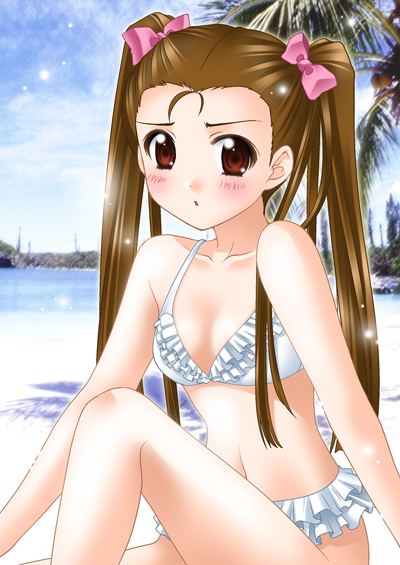 itsuki sayaka, minase iori, idolmaster, idolmaster (classic), 00s, beach, bikini, blush, day, frilled bikini, frills, long hair, midriff, ribbon, solo, swimsuit, twintails